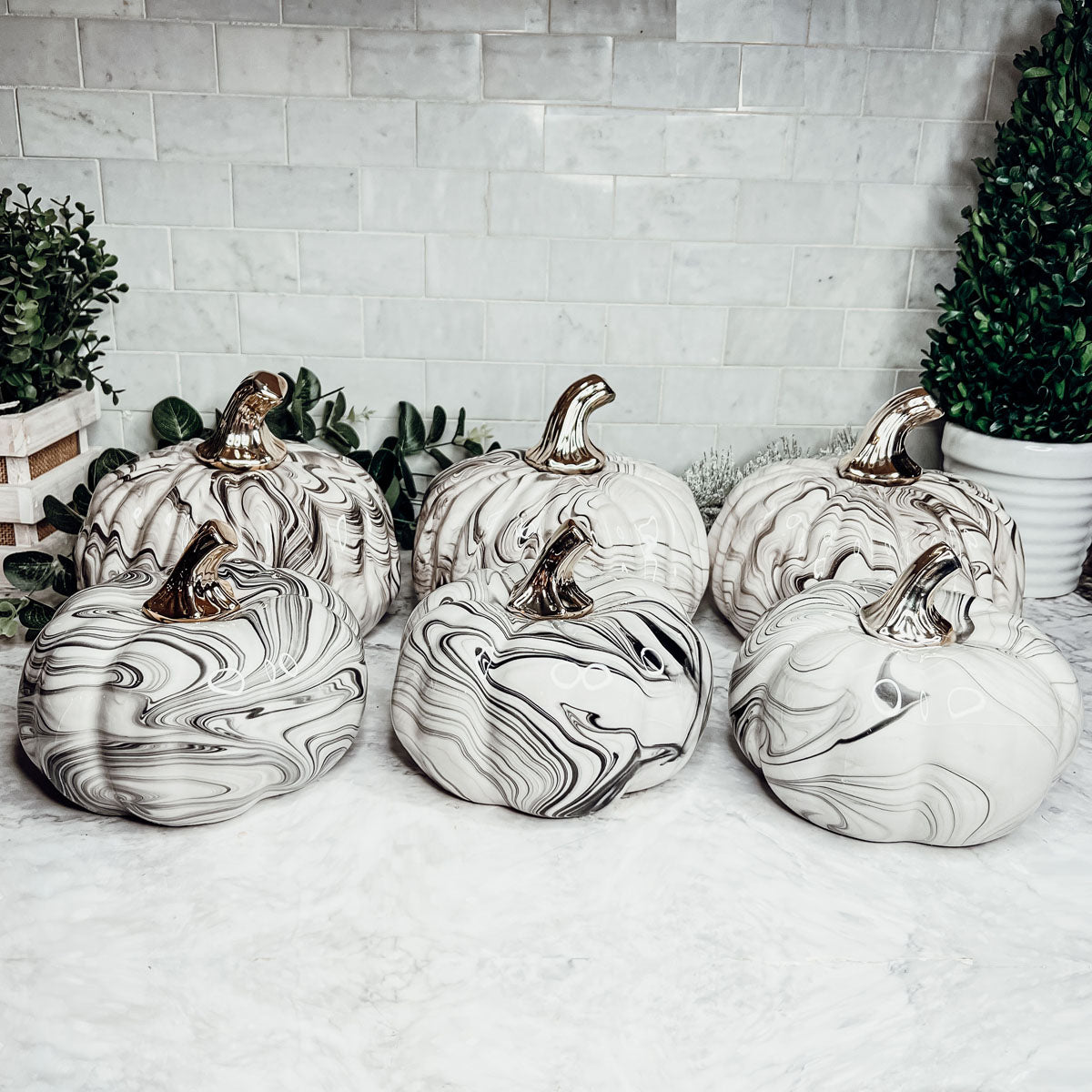 Black Marble Pumpkin with Gold Stem