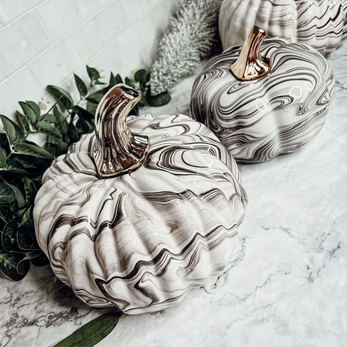 Black Marble Pumpkin with Gold Stem