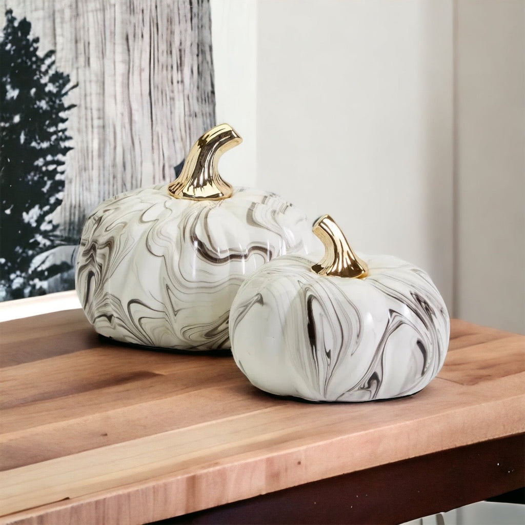 Black Marble Pumpkin with Gold Stem