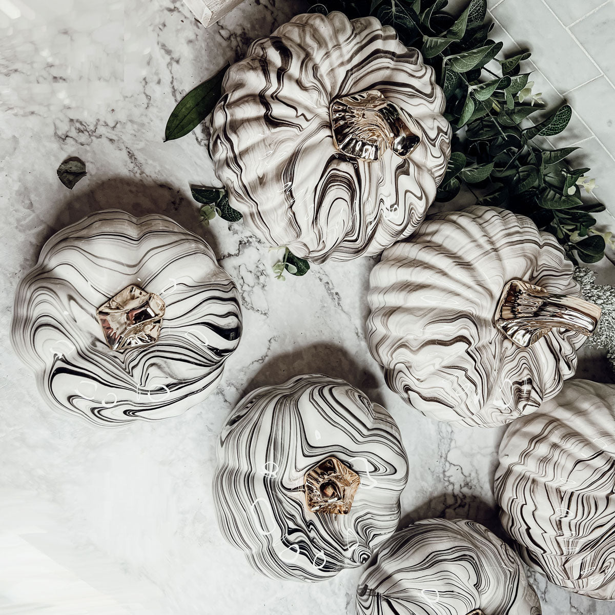 Black Marble Pumpkin with Gold Stem
