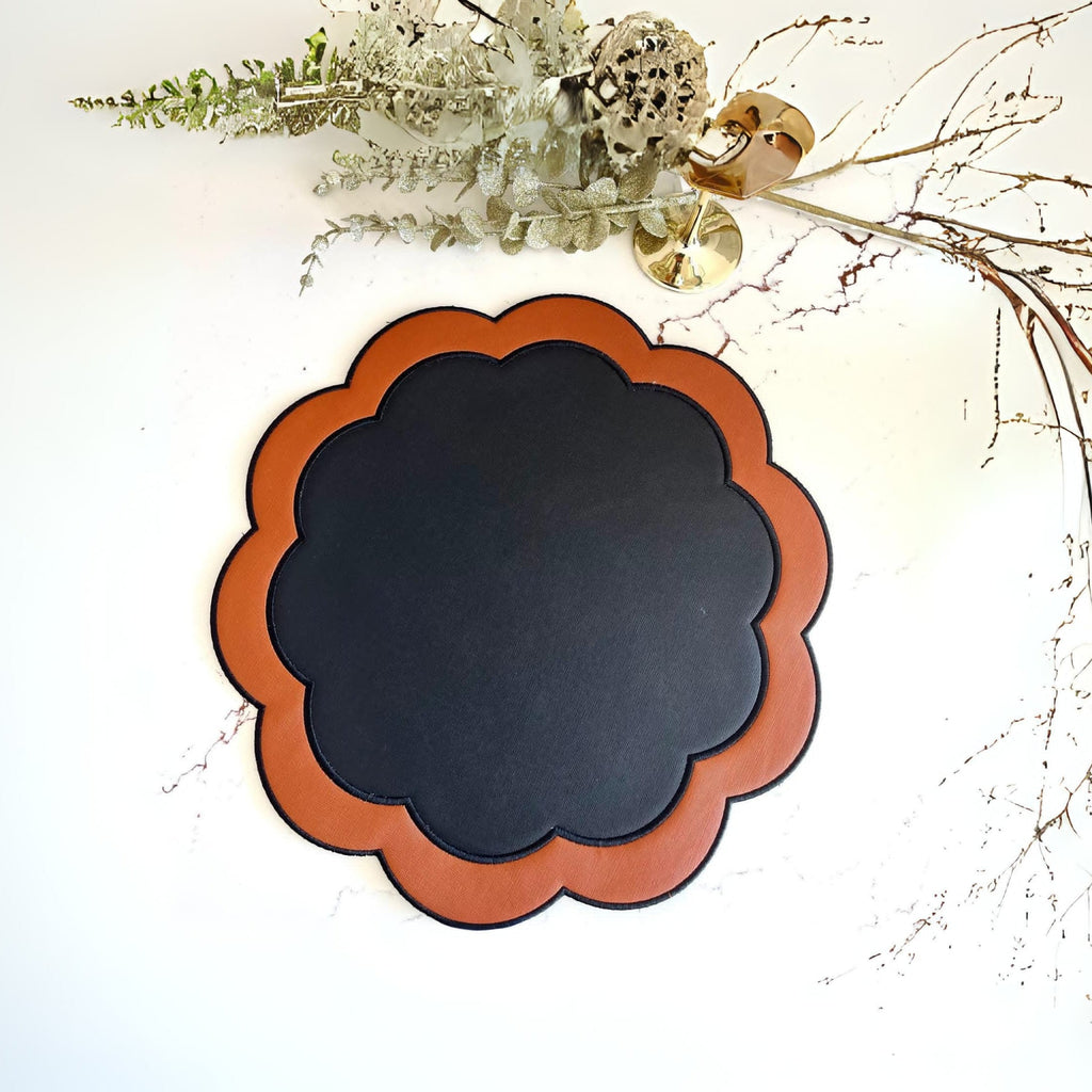 SERENITY BLACK ORANGE SCLALOPED FAUX LEATHER PLACEMAT (Set Of 4)