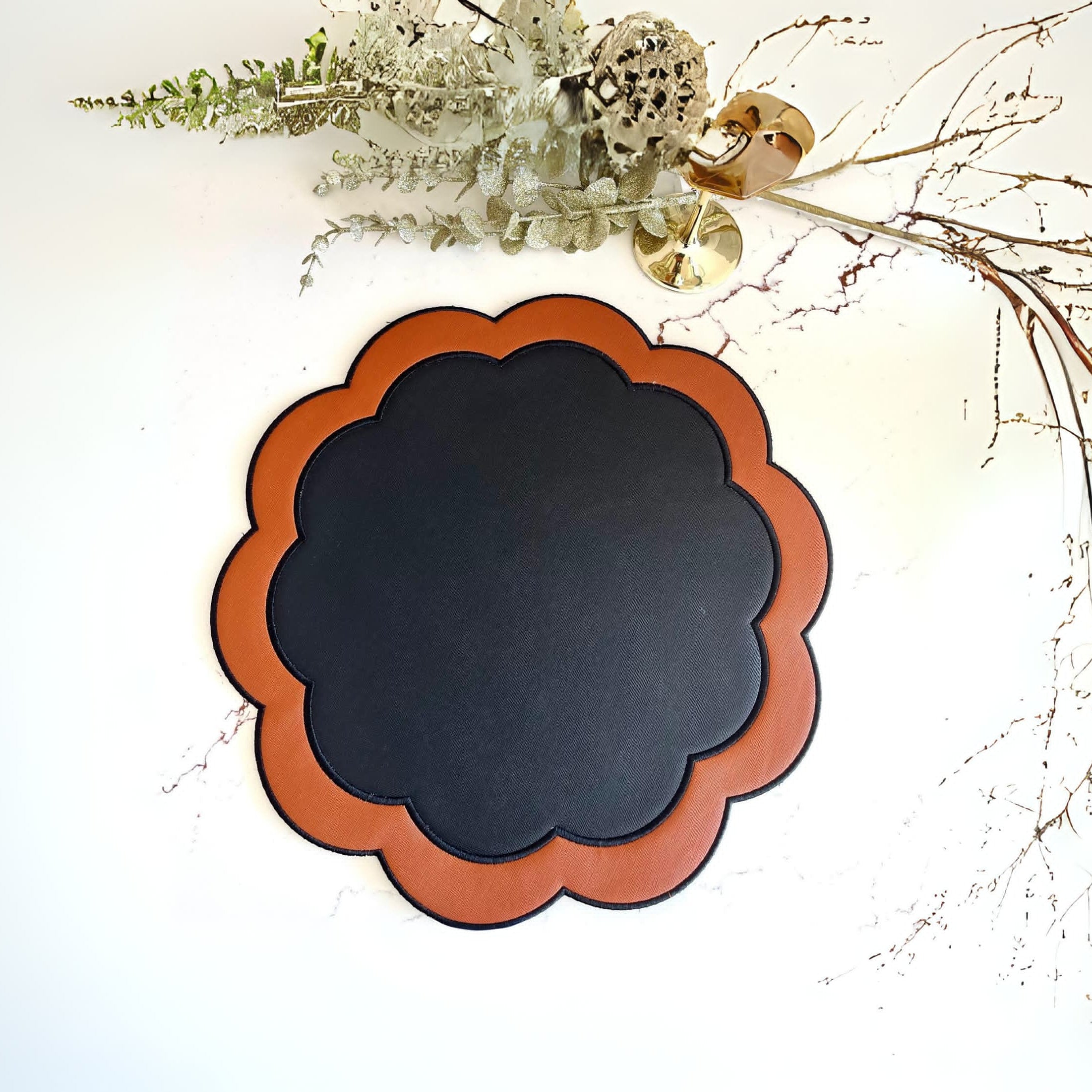 SERENITY BLACK ORANGE SCLALOPED FAUX LEATHER PLACEMAT (Set Of 4)