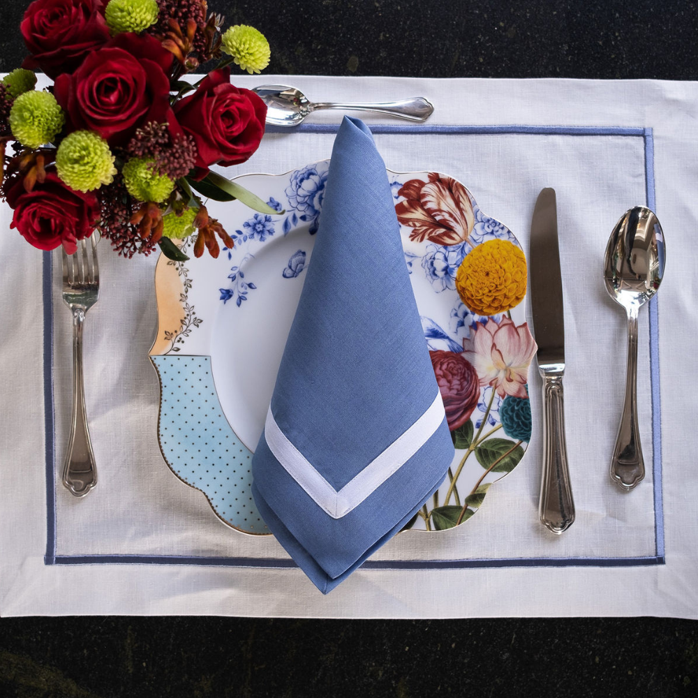Blue Linen Napkins With White Borders, Set of 4