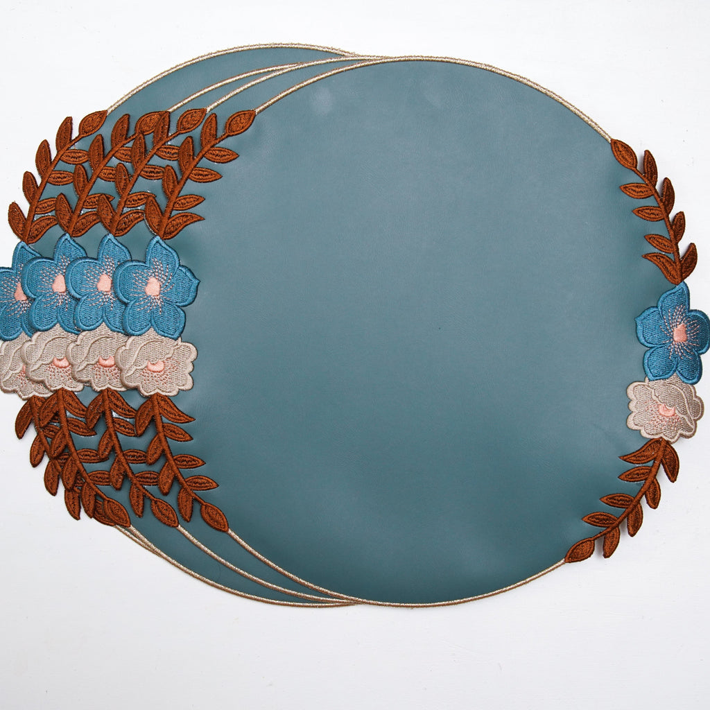JASMINE BLUE ROUND FAUX LEATHER PLACEMAT (Set Of 4)