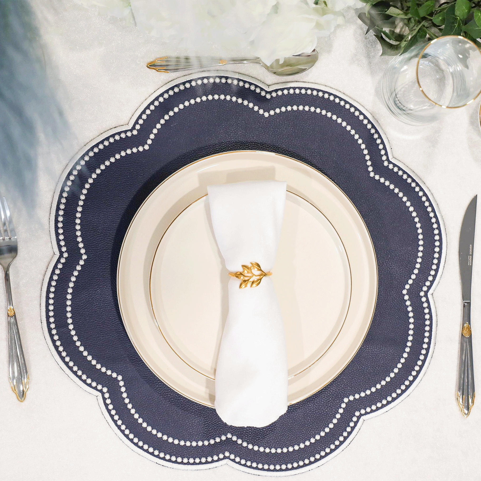 NURTURE BLUE FAUX LEATHER SCALLOPED PLACEMAT (Set Of 4)