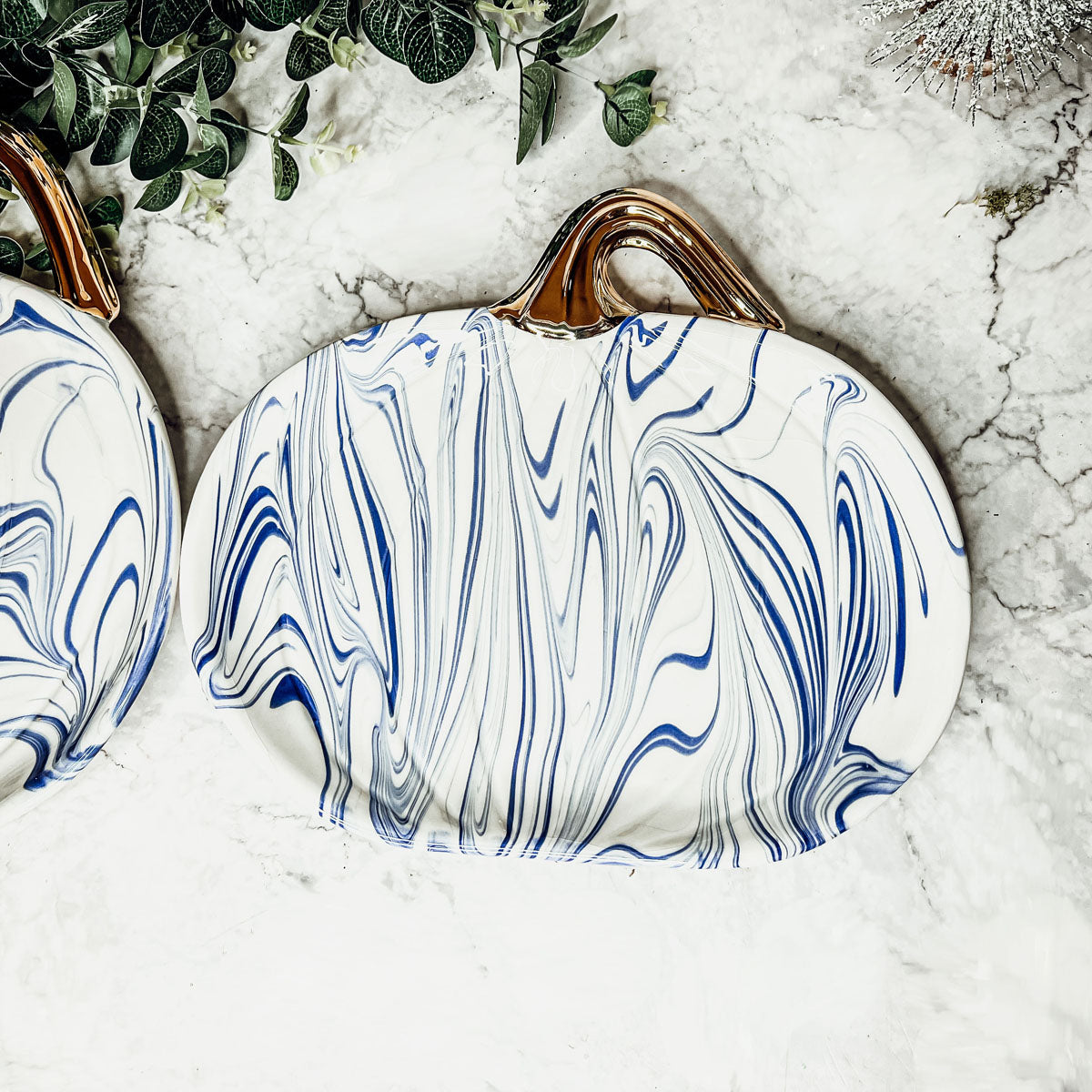 Blue & White Marble Pumpkin Serving Platters