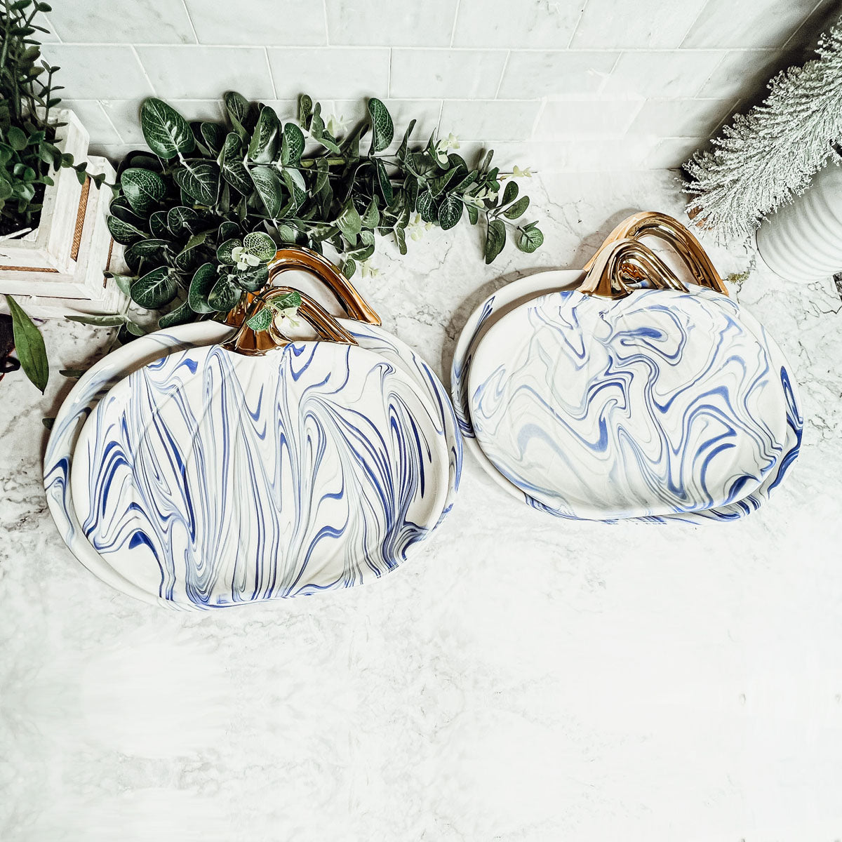 Blue & White Marble Pumpkin Serving Platters