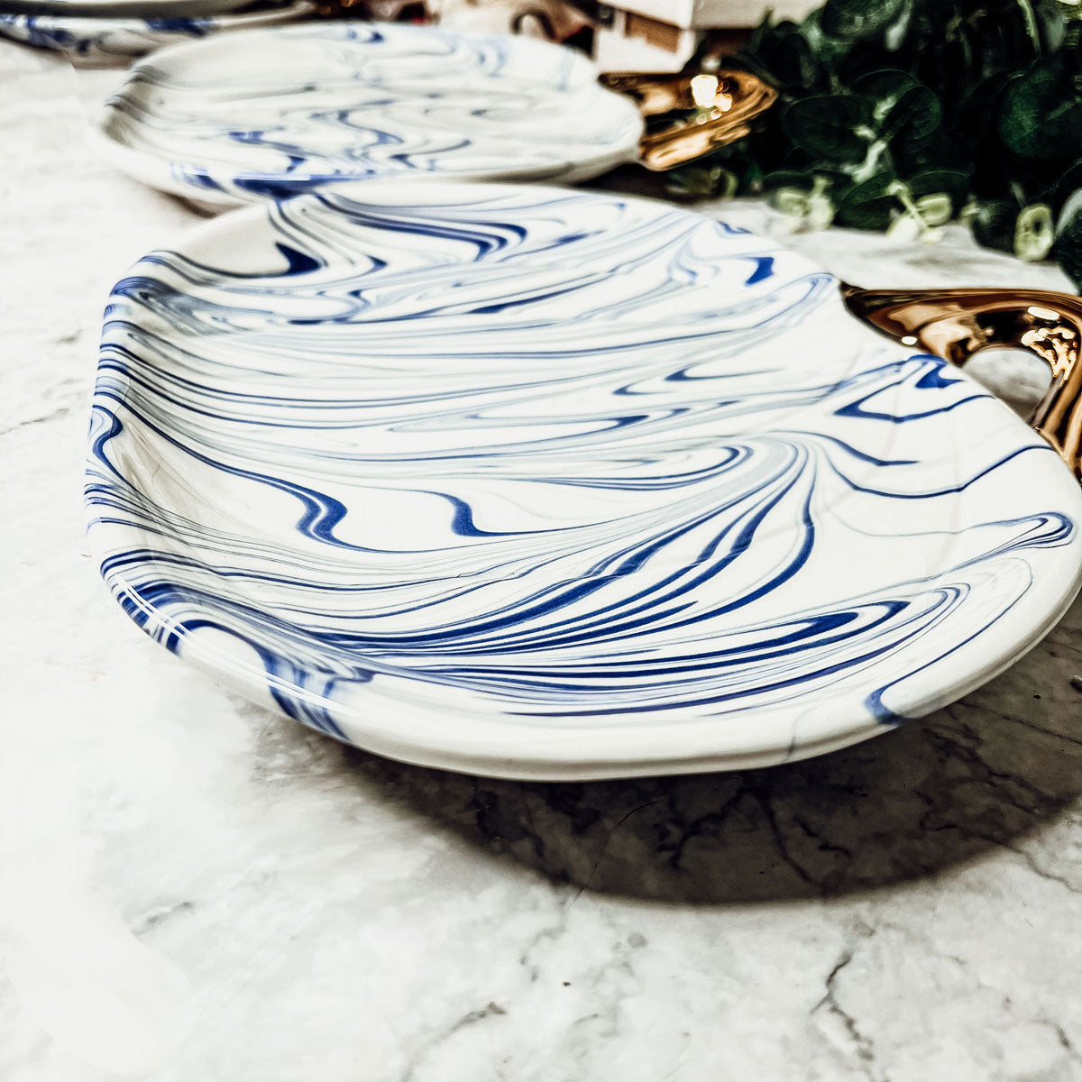 Blue & White Marble Pumpkin Serving Platters