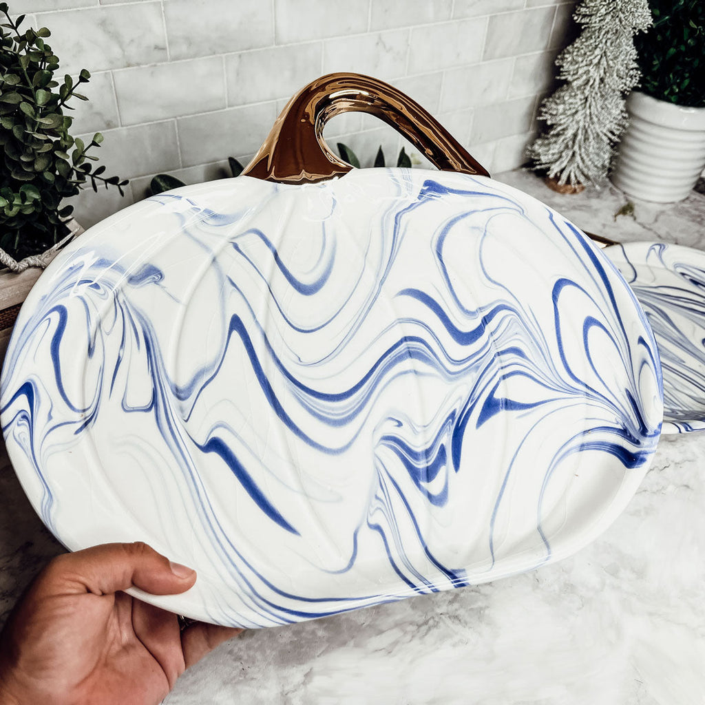 Blue & White Marble Pumpkin Serving Platters
