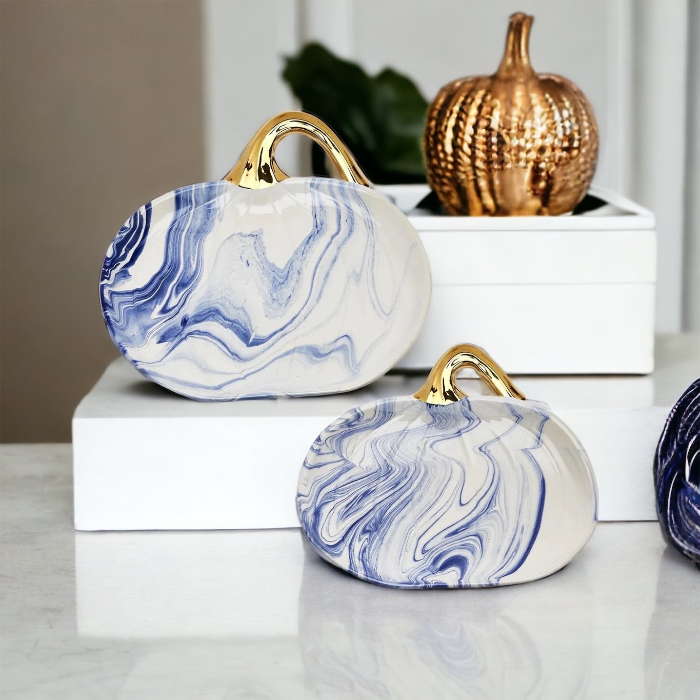 Blue & White Marble Pumpkin Serving Platters