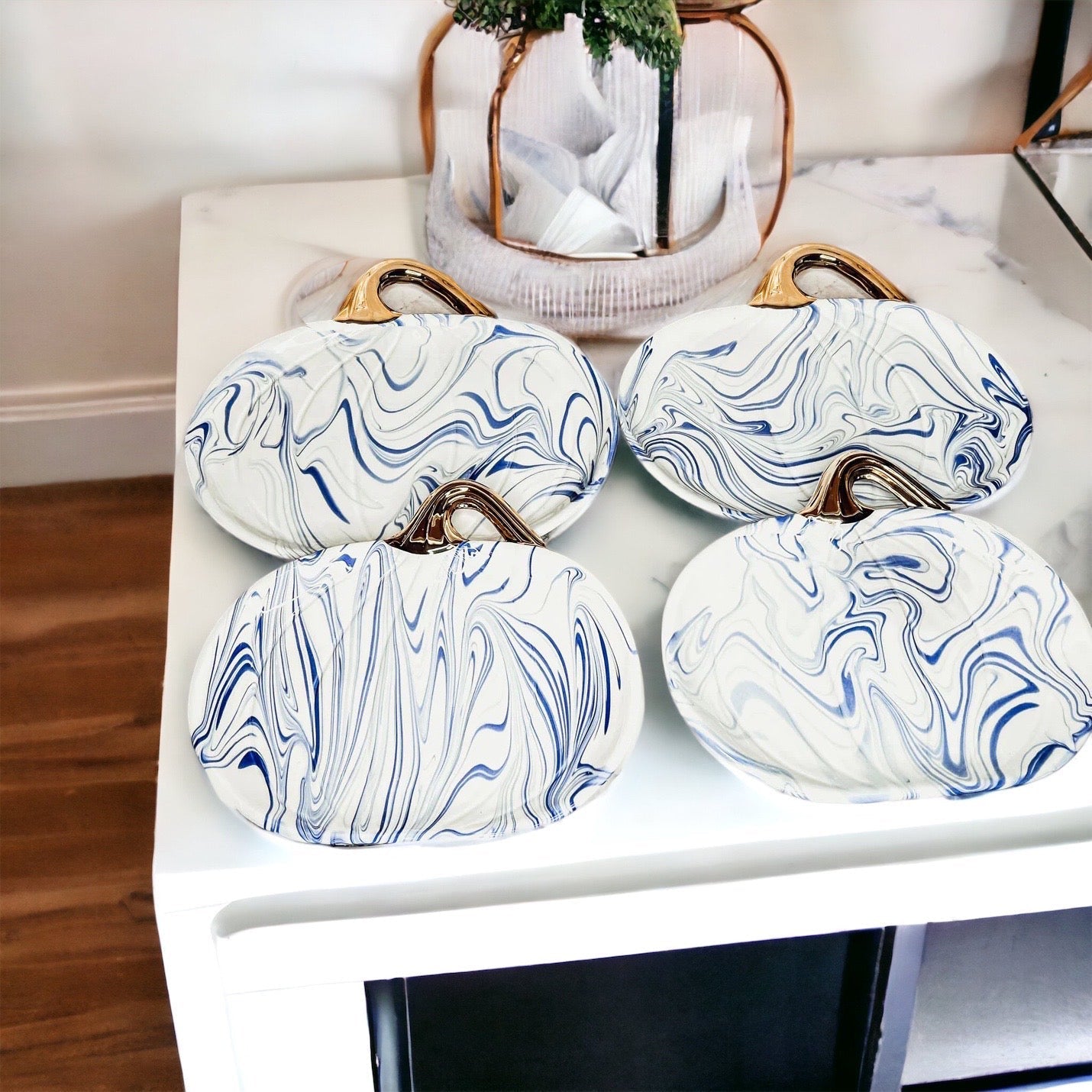 Blue & White Marble Pumpkin Serving Platters
