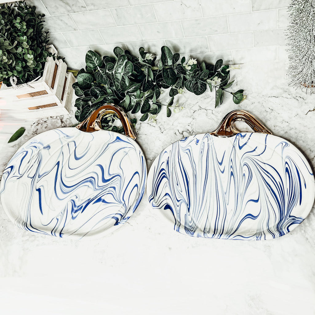 Blue & White Marble Pumpkin Serving Platters
