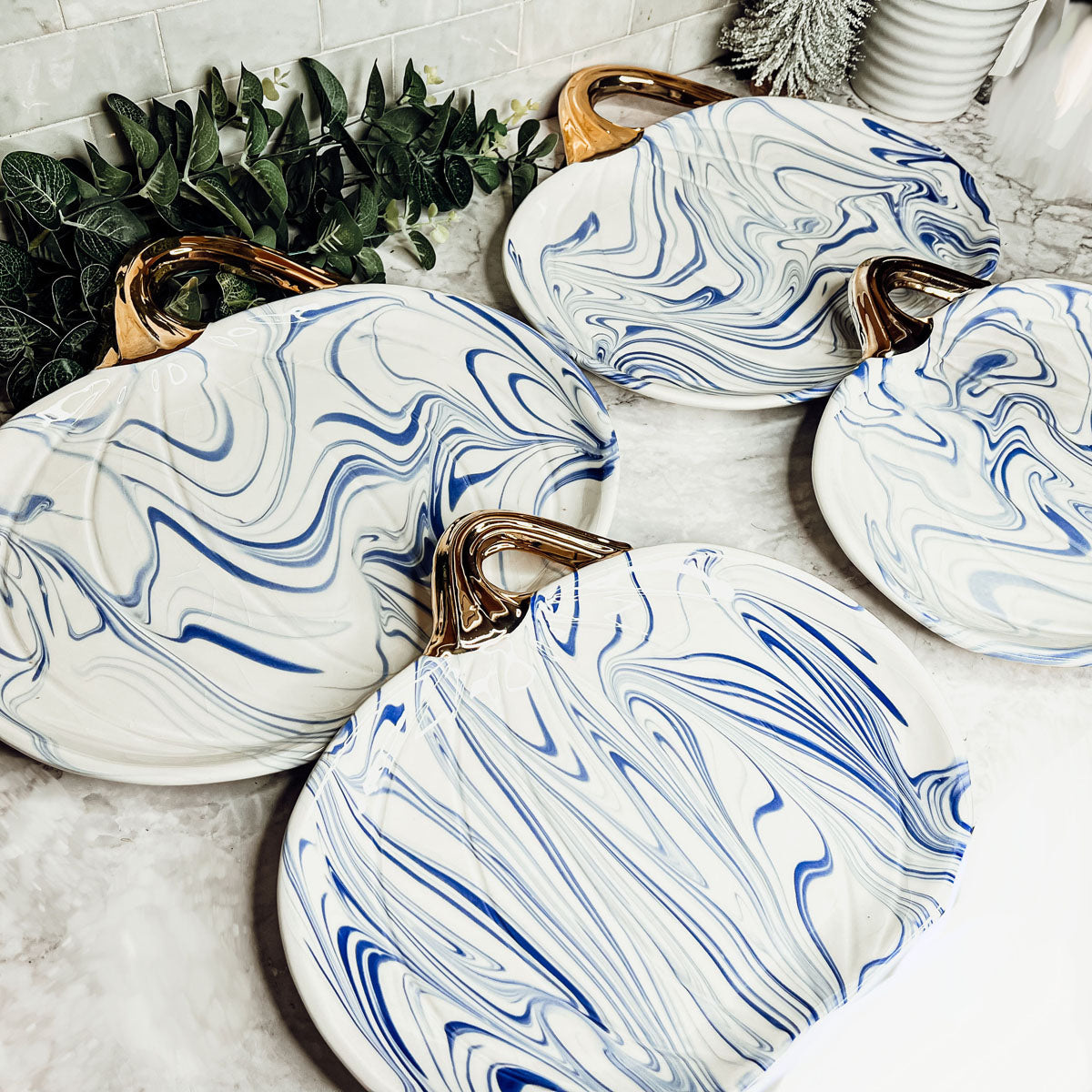 Blue & White Marble Pumpkin Serving Platters