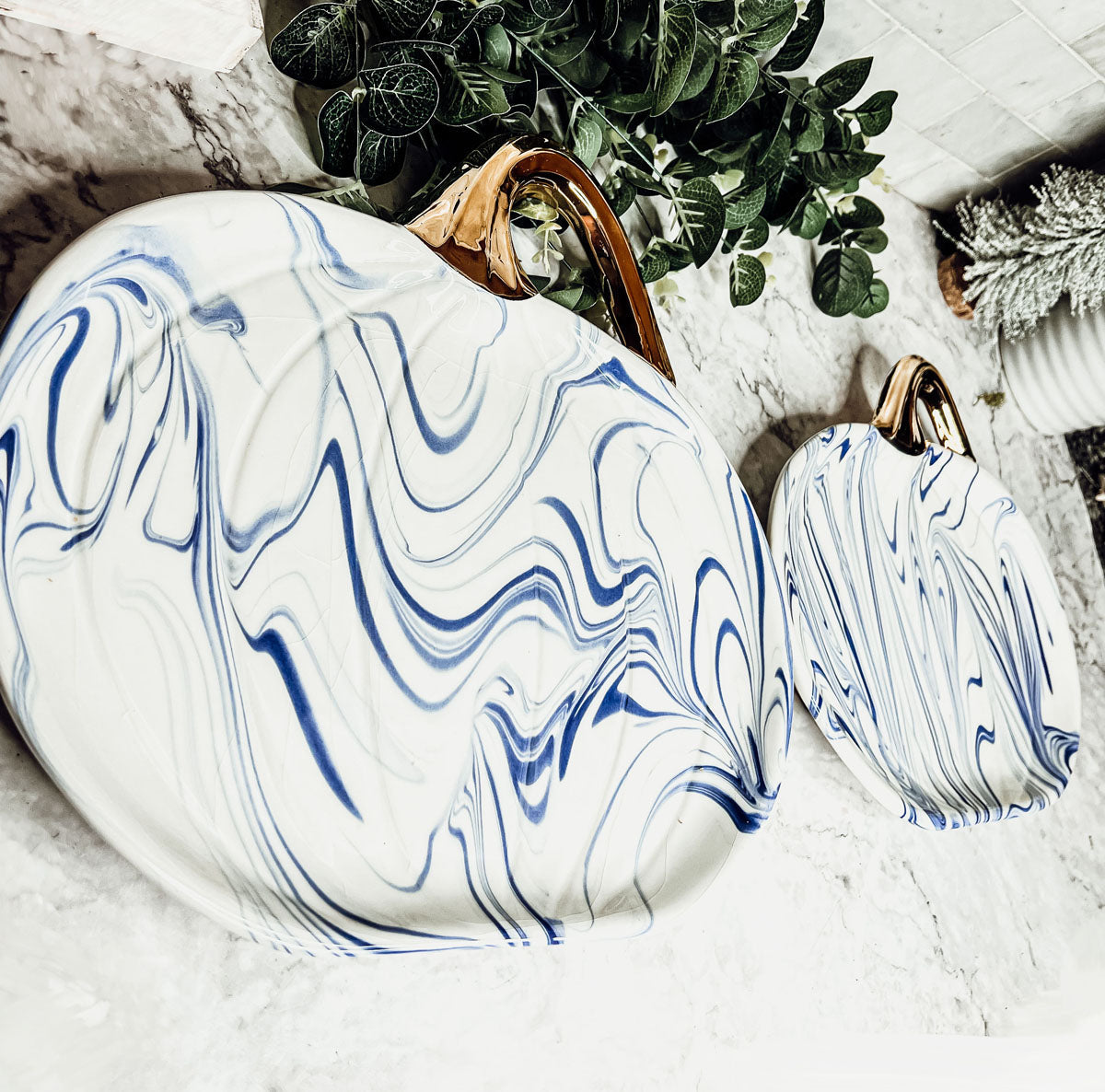 Blue & White Marble Pumpkin Serving Platters