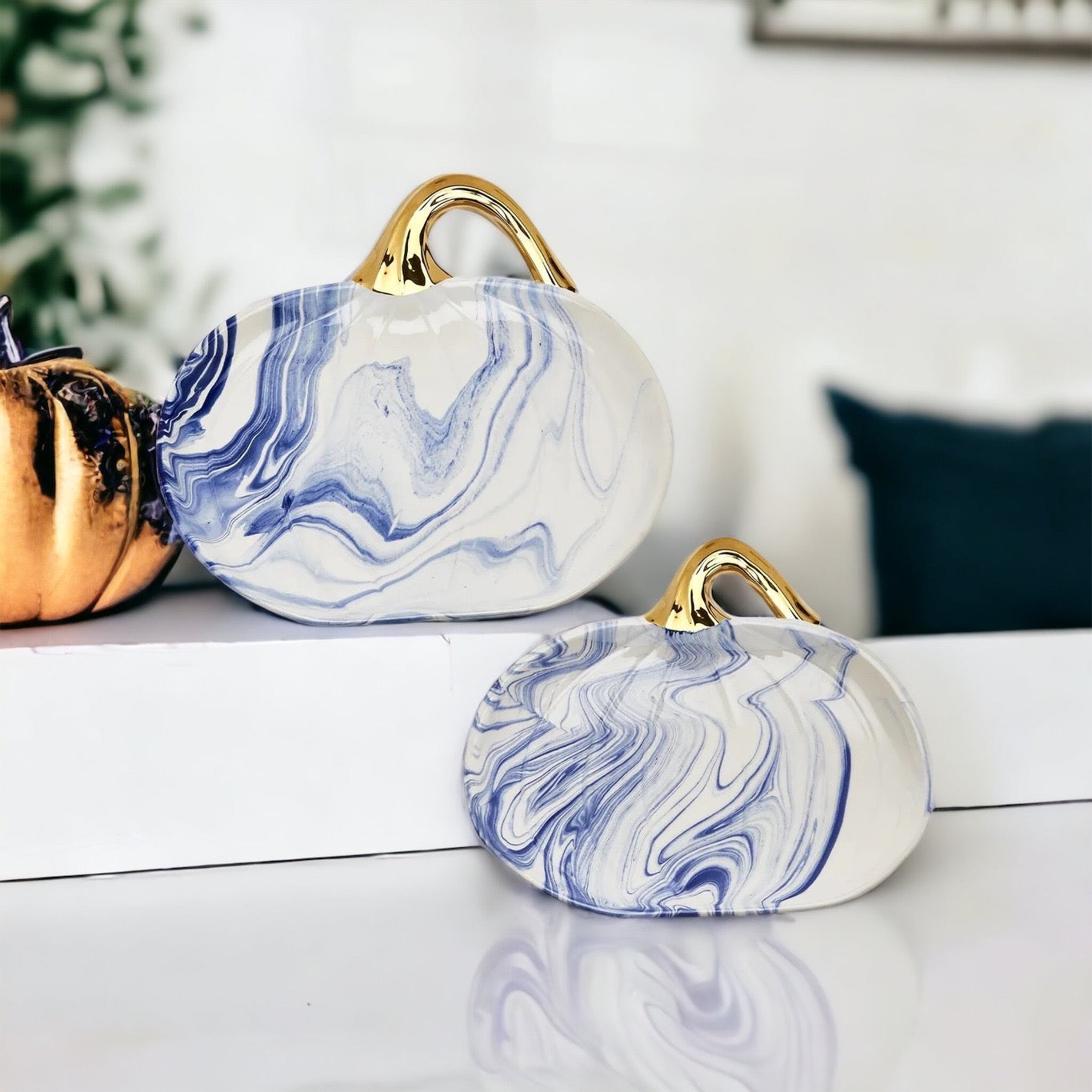 Blue & White Marble Pumpkin Serving Platters