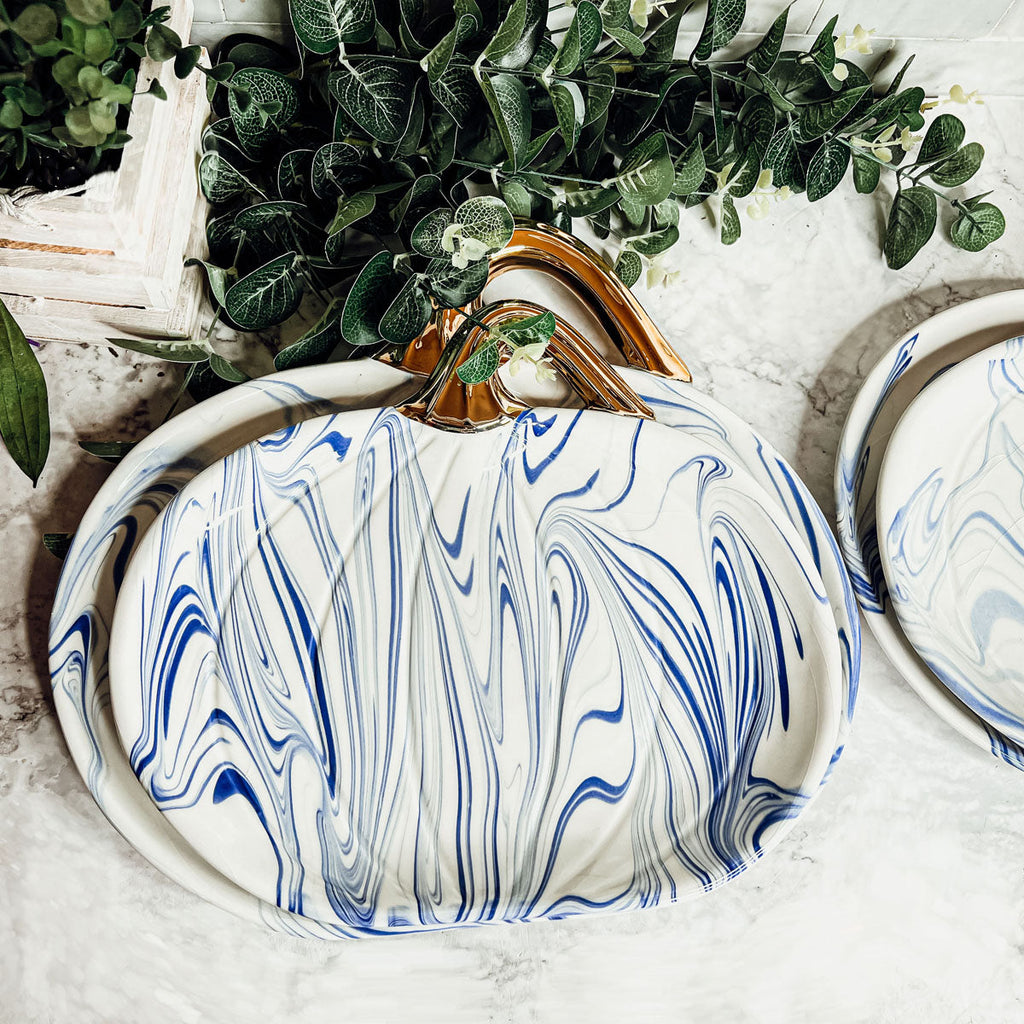 Blue & White Marble Pumpkin Serving Platters