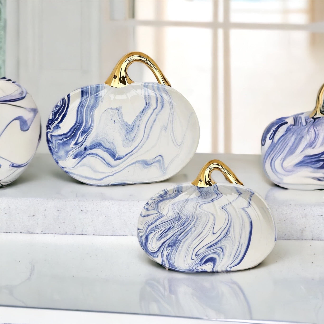 Blue & White Marble Pumpkin Serving Platters
