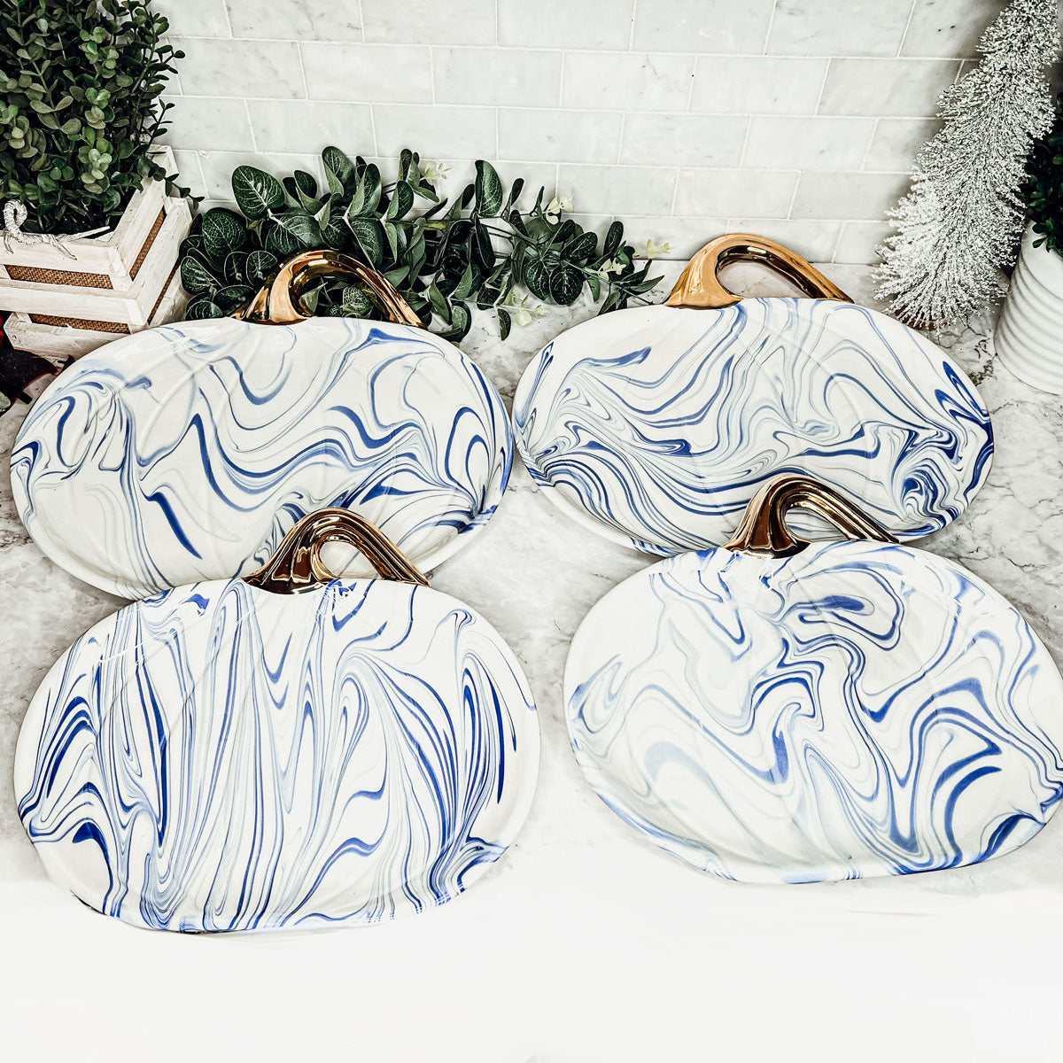 Blue & White Marble Pumpkin Serving Platters