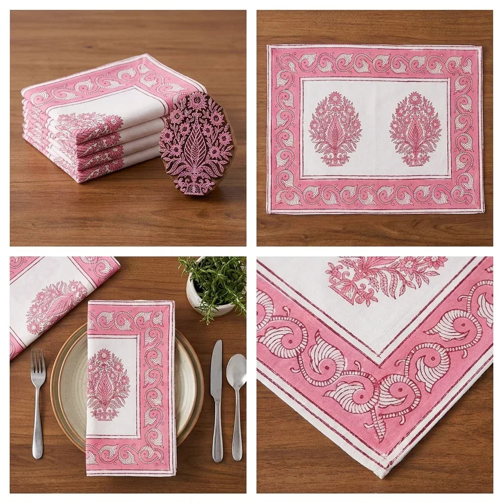 Blush Pink & Ivory 13 Pieces Jaipur Hand Block Printed Table Linen Set