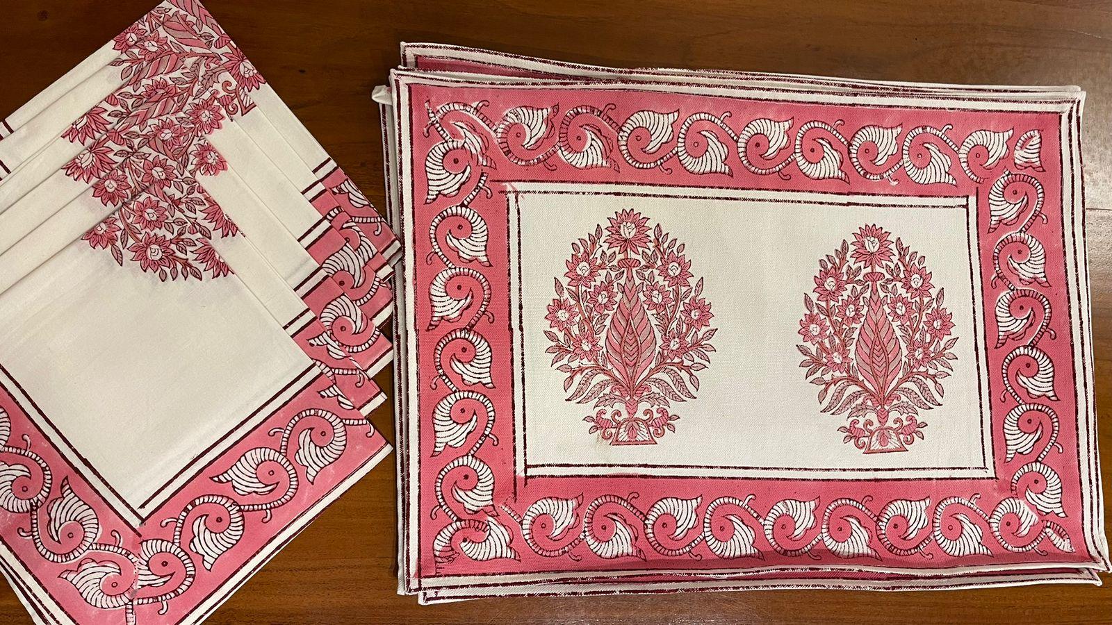 Blush Pink & Ivory 13 Pieces Jaipur Hand Block Printed Table Linen Set