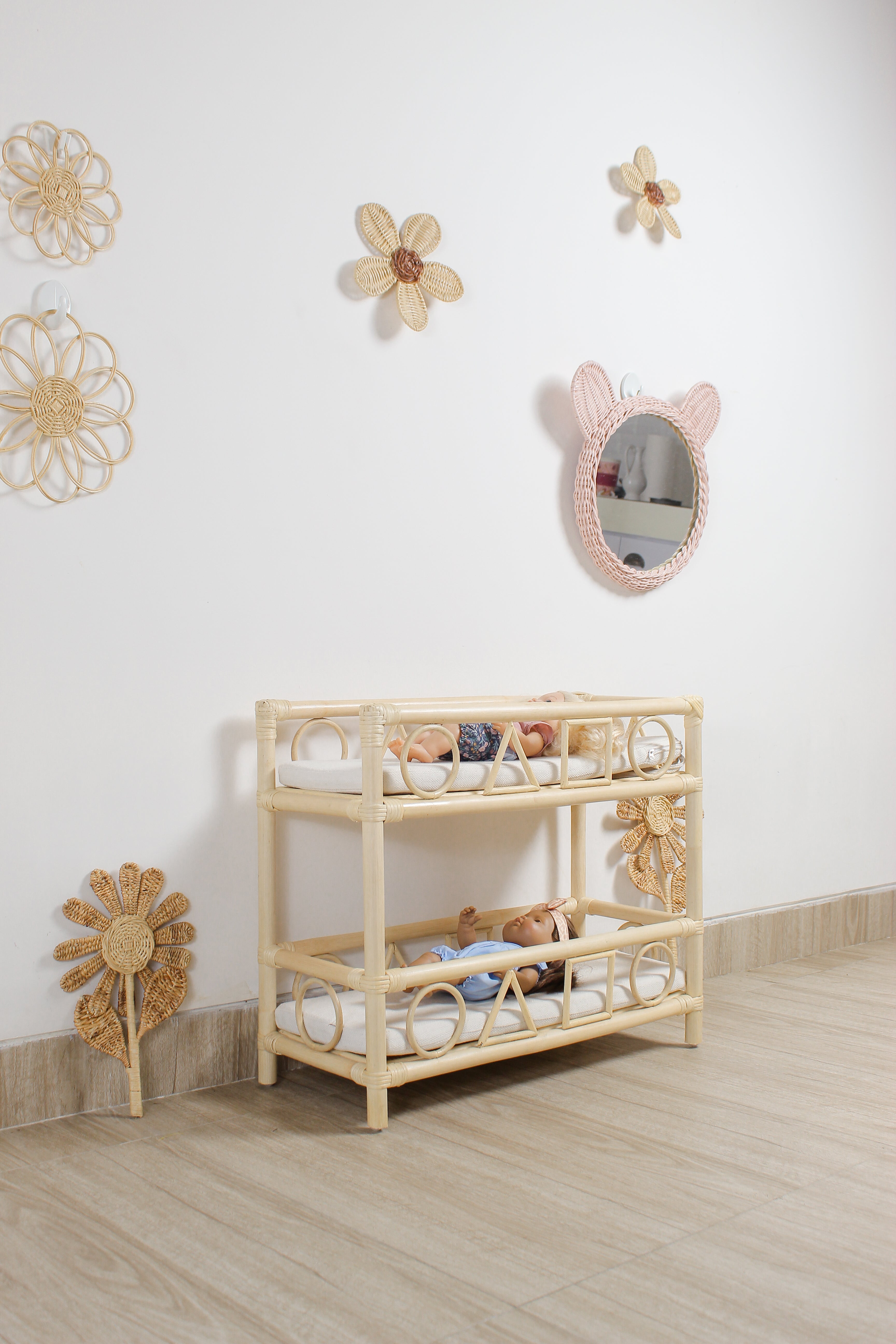 Pink Rattan Teddy Bear Wall Mirror
