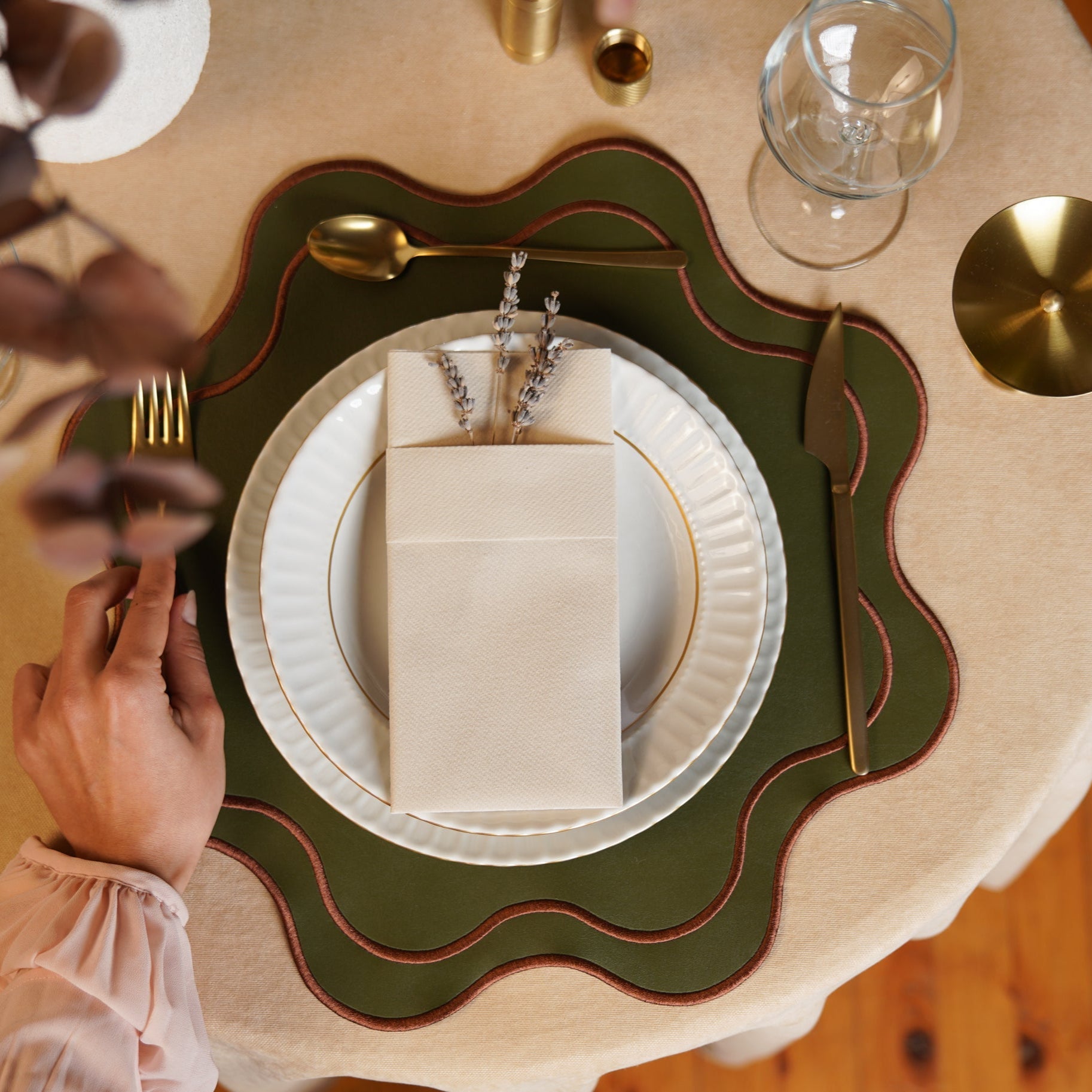 HAVEN DARK GREEN BROWN TRIM WAVY EDGE FAUX LEATHER PLACEMAT (Set Of 4)