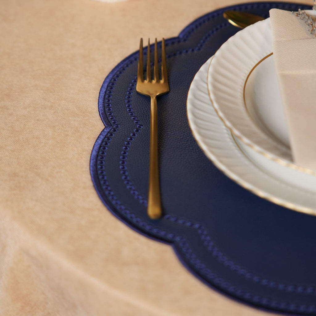 NURTURE NAVY BLUE FAUX LEATHER SCALLOPED PLACEMAT (Set Of 4)