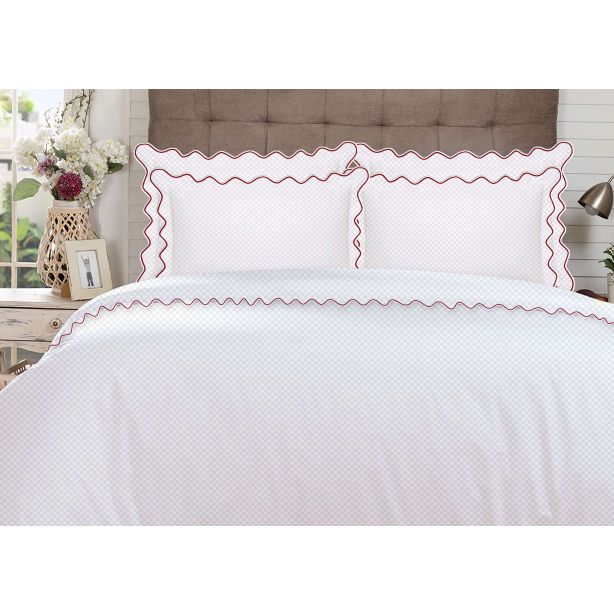 400TC Cotton Scallop Embroidery Sateen Microcheck Duvet Cover Set