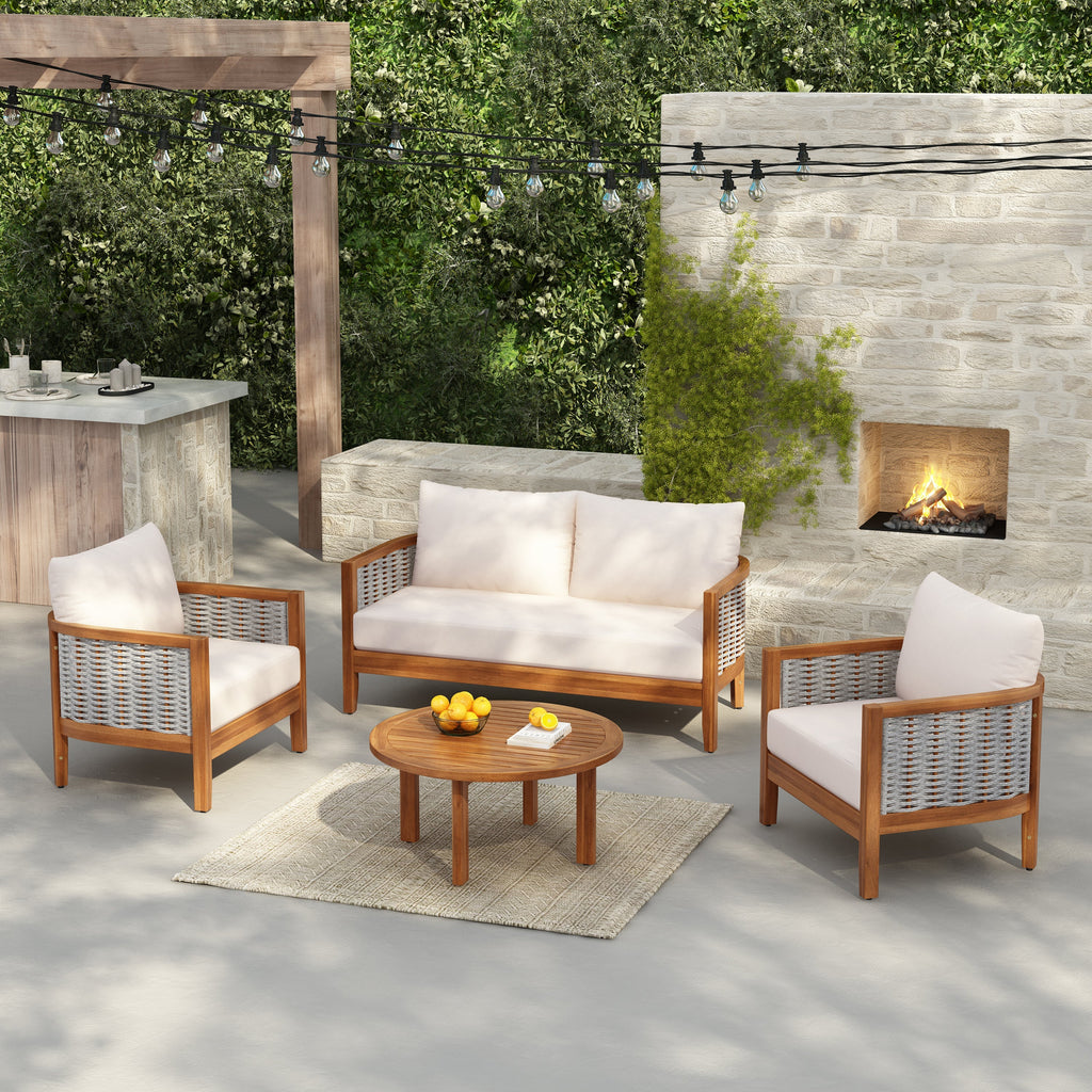 Woven Rope Outdoor Lounge Set — Beige, 4 Seats