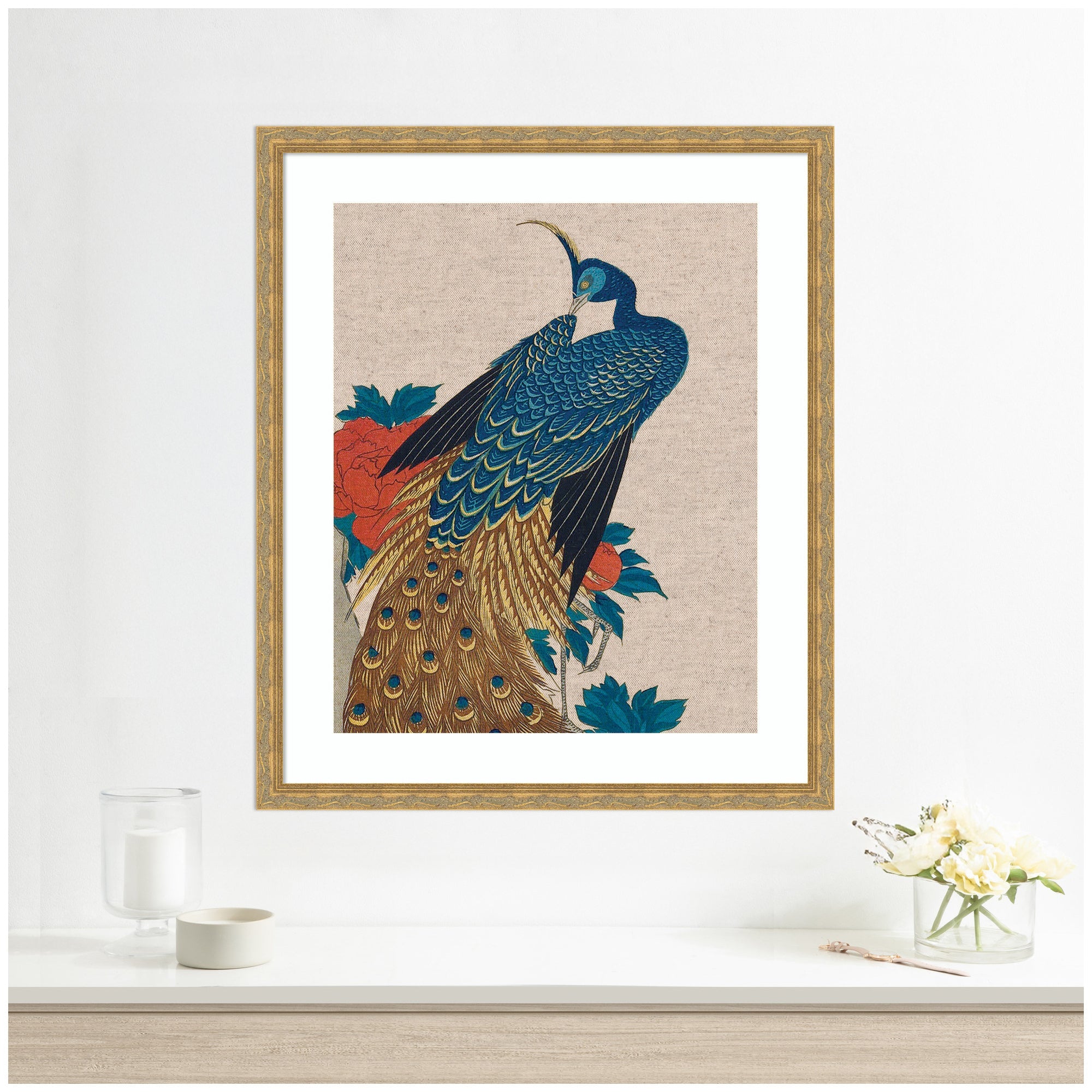 Framed Art Peacock and Peonies 1840 Utagawa Hiroshige Neutral Linen by The Art Institute of Chicago