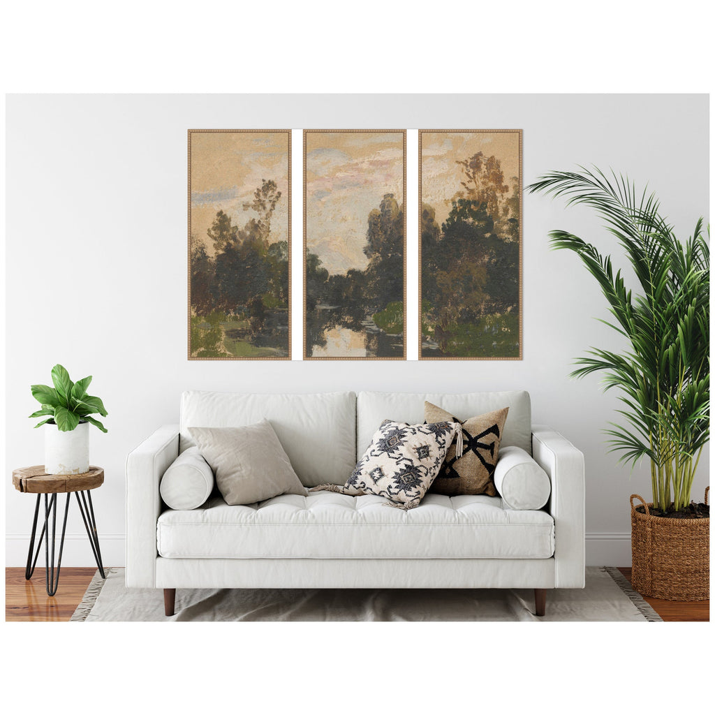 Landscape by the River Barycz Adolf Dressier 3 Piece Framed Canvas Wall Art Set by Nostalgia Prints