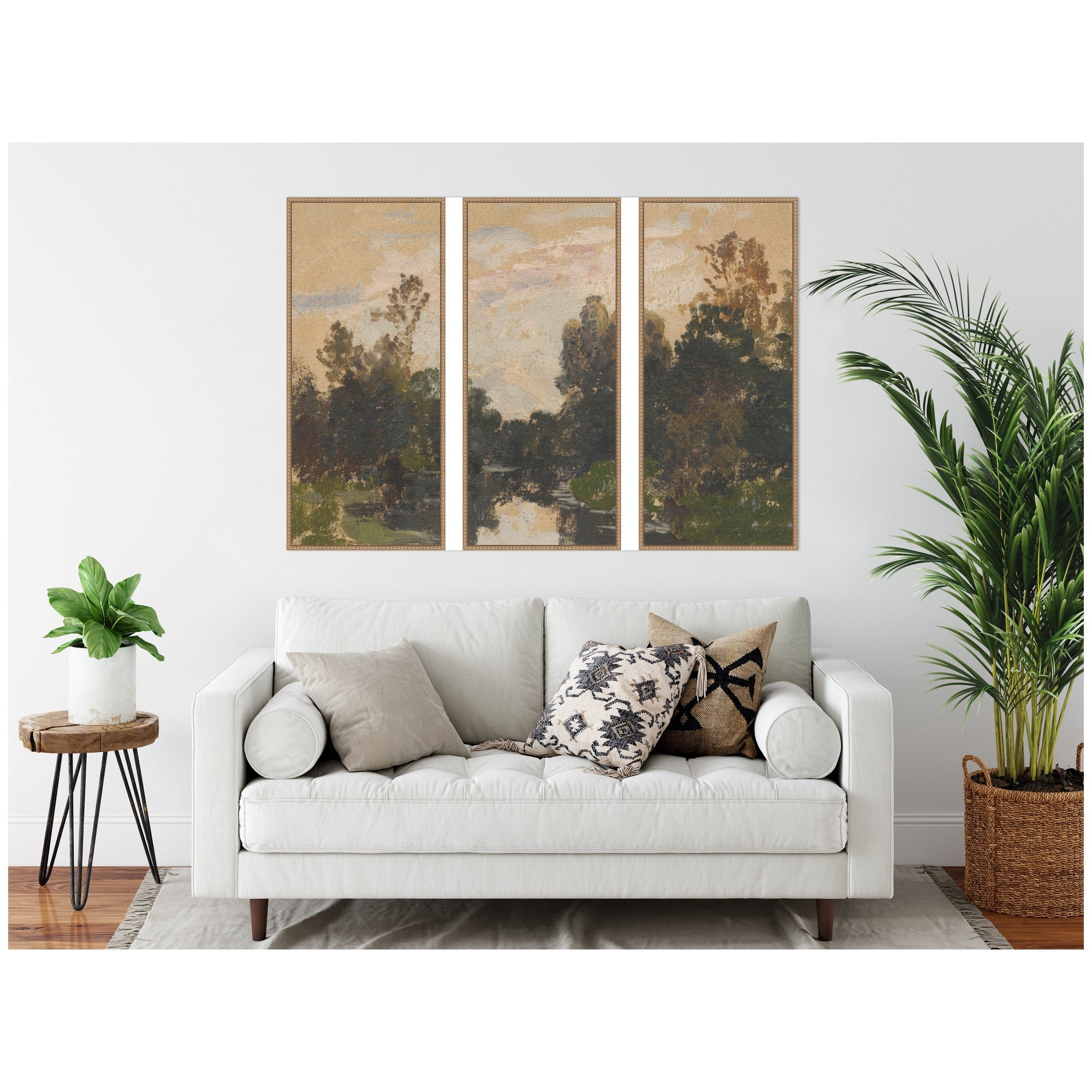 Landscape by the River Barycz Adolf Dressier 3 Piece Framed Canvas Wall Art Set by Nostalgia Prints