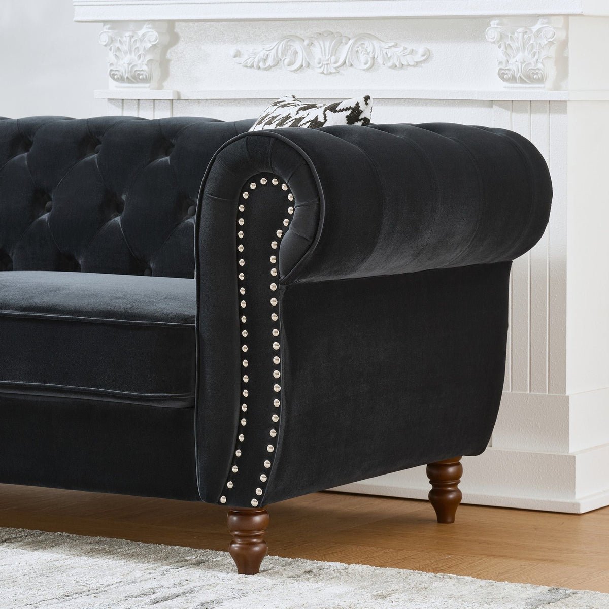 Chesterfield Upholstery Fabric Sofa With Roll Armrest & Nailhead