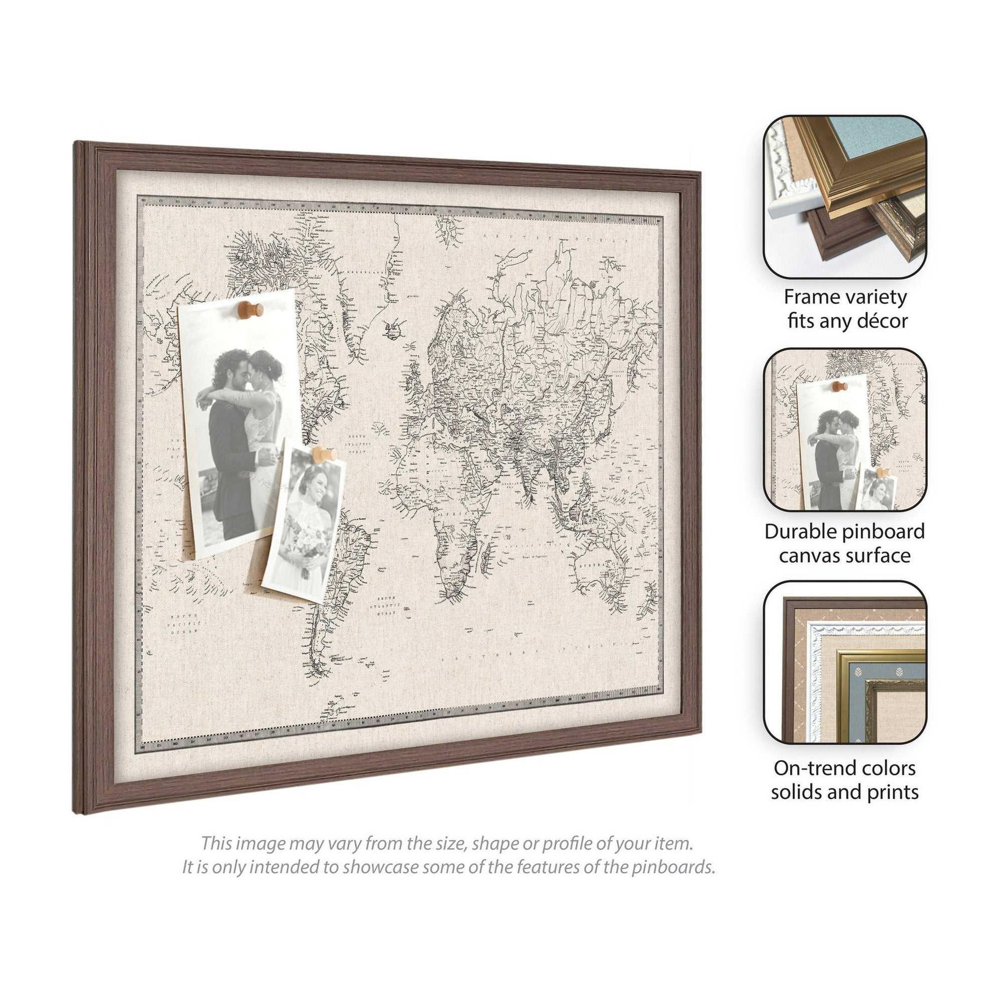 Framed Fabric Pinboard Vintage Black and White Linen World Map Wall Organization