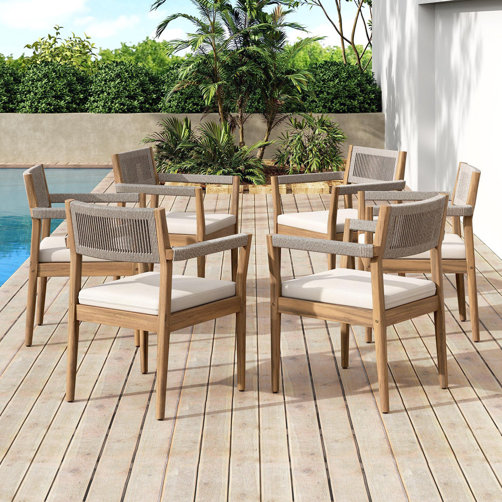 Braided Acacia Wood Outdoor Dining Chairs Set of 4 – Teak Look with Beige Rope & Cream Cushions