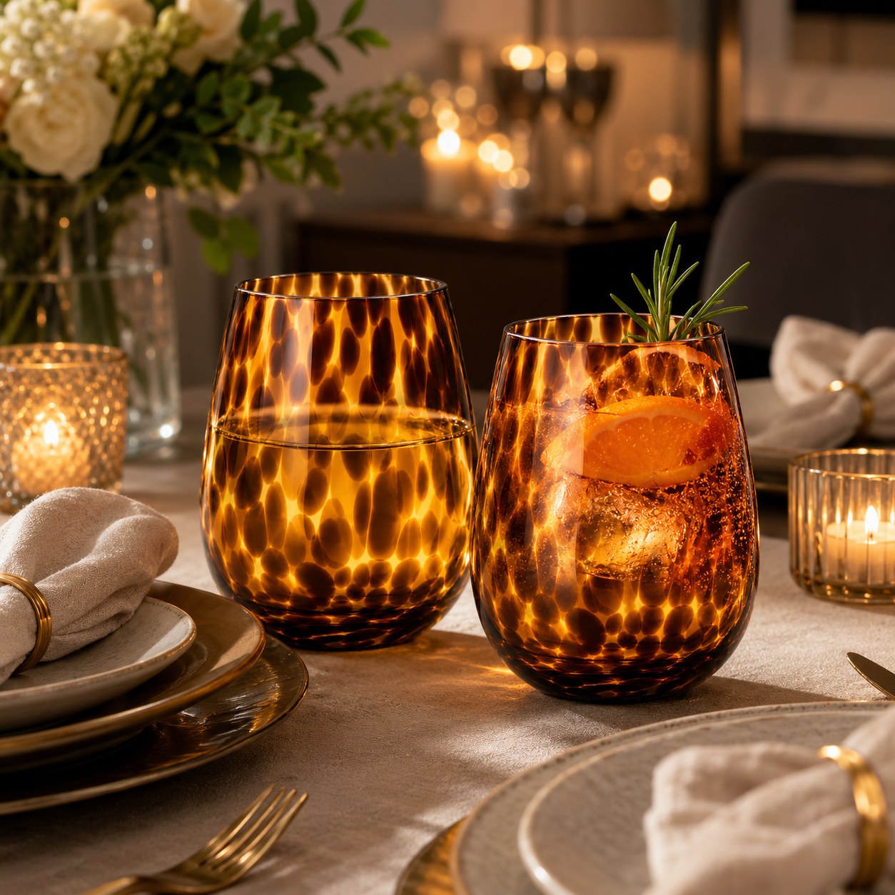 Leopard Print Amber Colored Stemless Wine Glass |  Set of 2