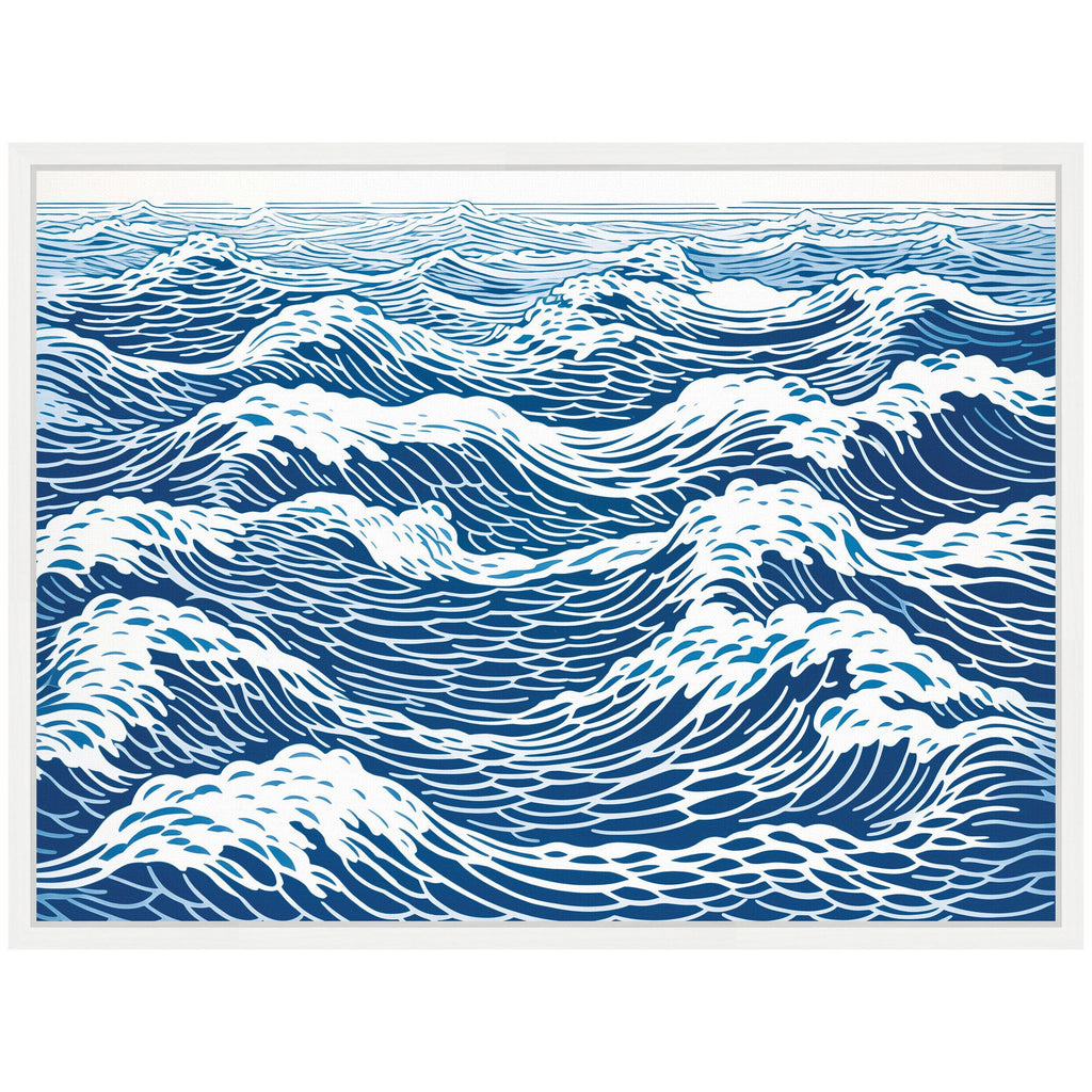 Sylvie Linocut Abstract Waves Blue and White Framed Canvas by The Creative Bunch Studio