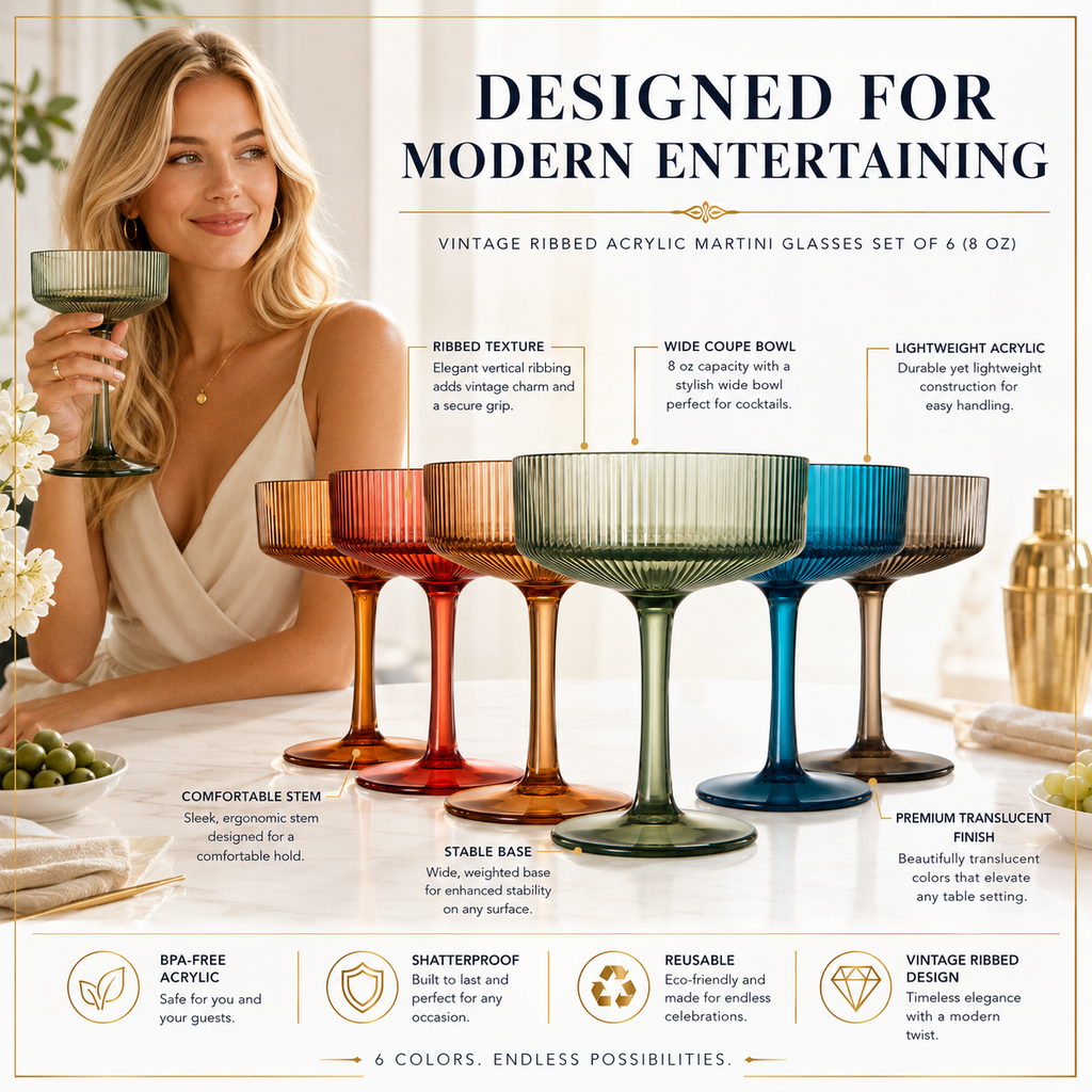 Eze Acrylic Ribbed Champagne Coupe, Cocktail Glassware, Set of 6