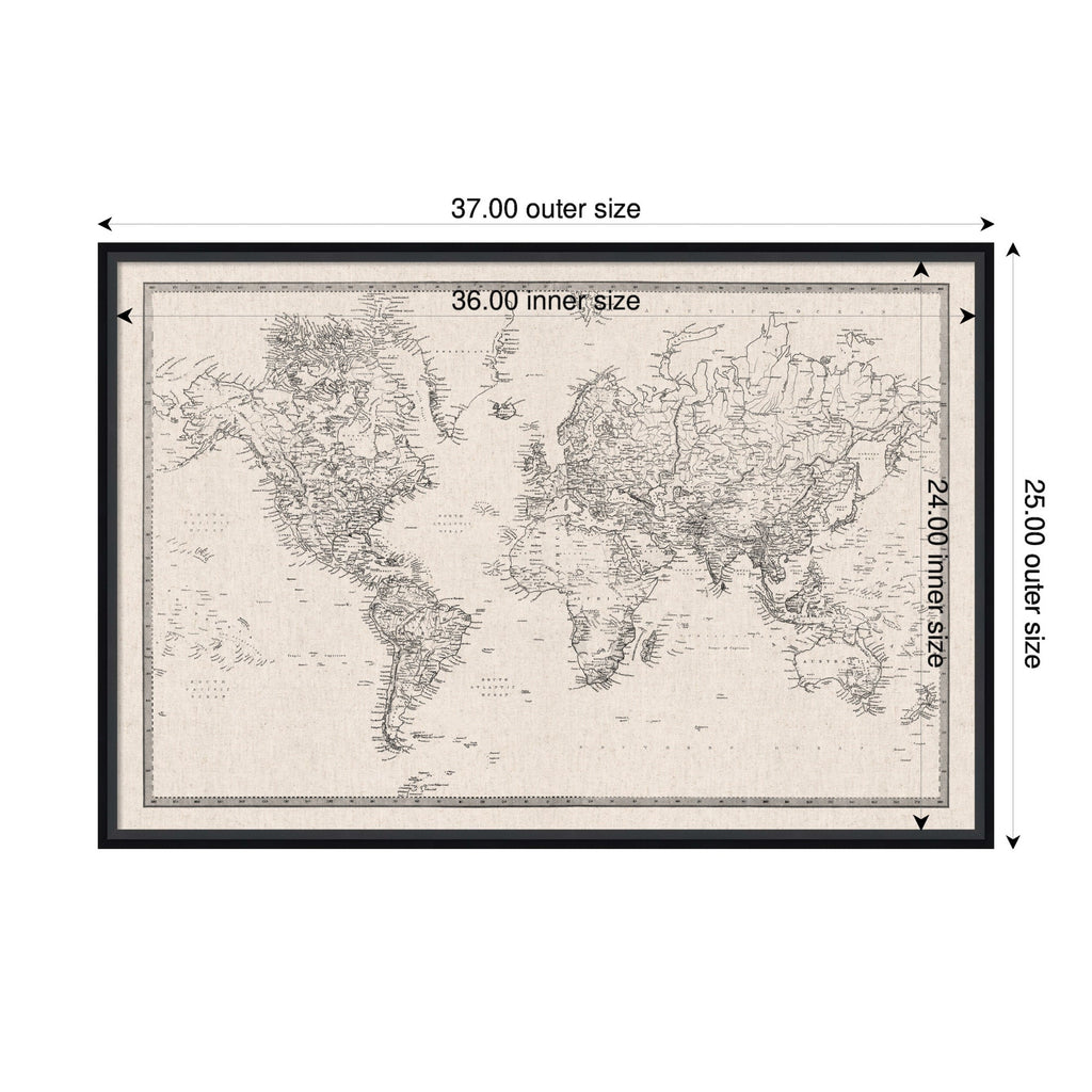 Framed Fabric Pinboard Vintage Black and White Linen World Map Wall Organization