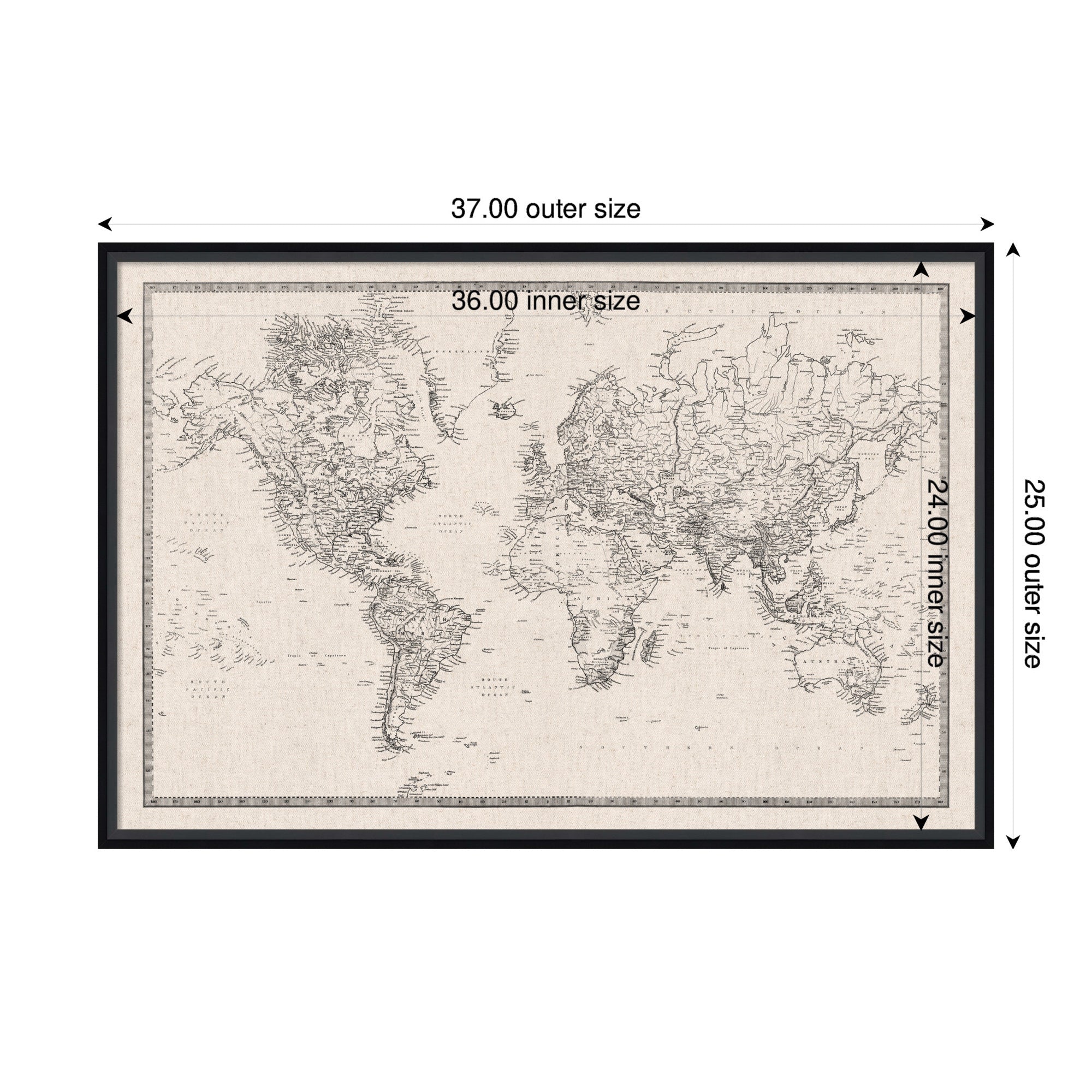 Framed Fabric Pinboard Vintage Black and White Linen World Map Wall Organization