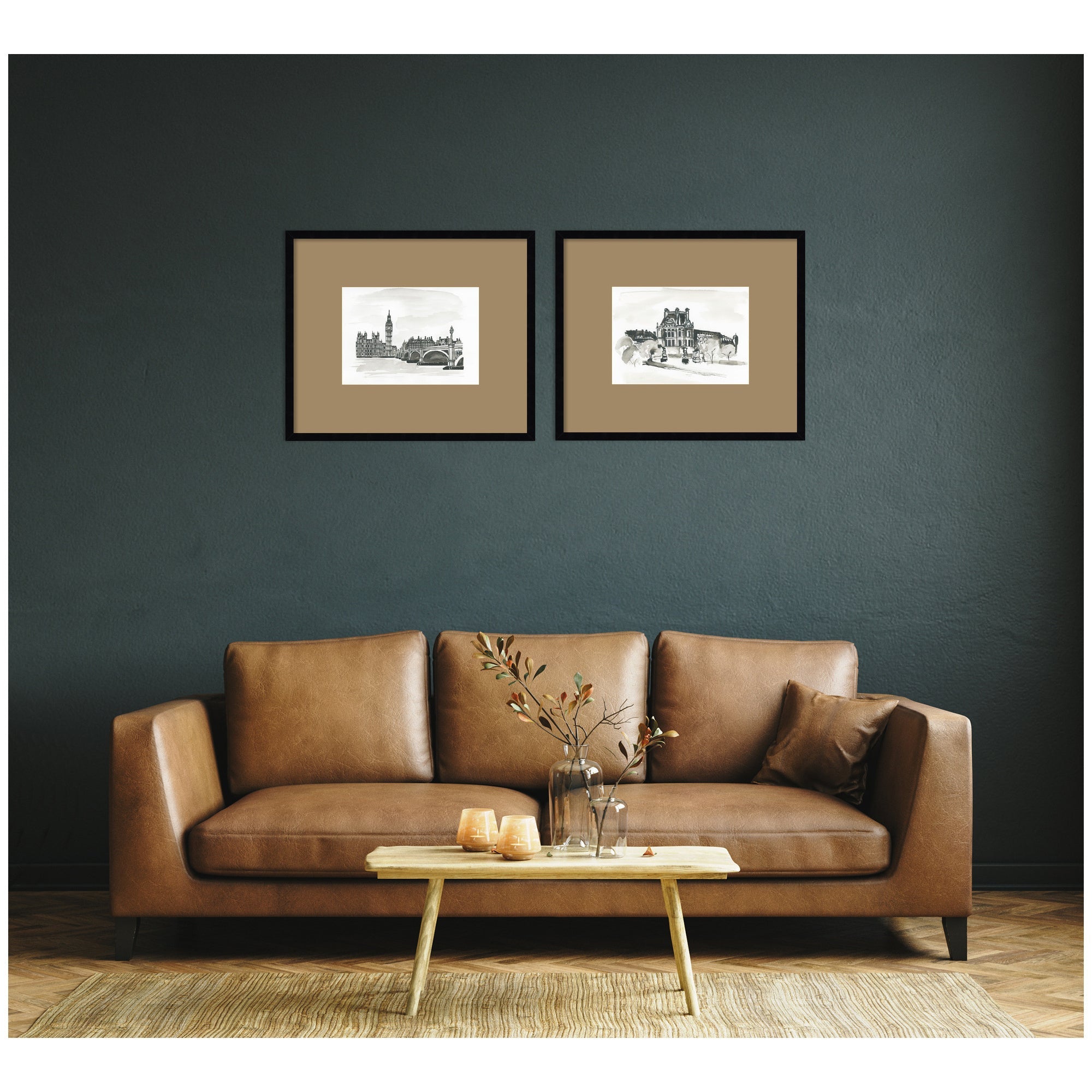 Vintage Postcard London & Paris 2 Piece Framed Wall Art Print Set by Teju Reval Brown Mat