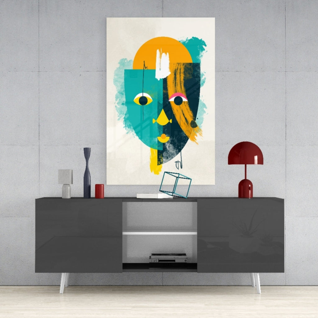 Teal And Yellow Geometric Face Glass Wall Art
