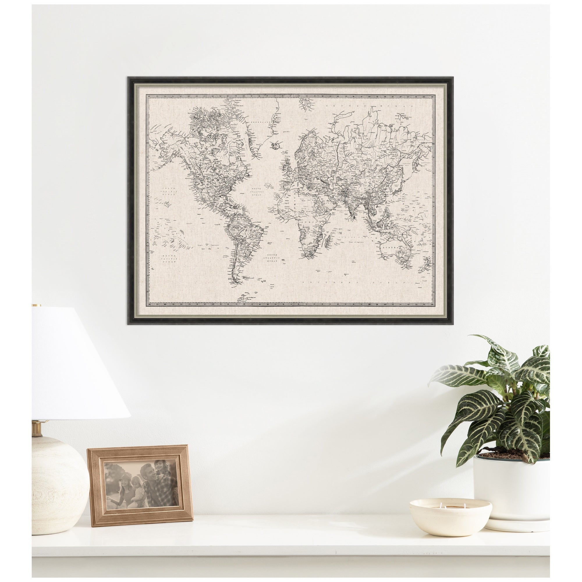 Framed Fabric Pinboard Vintage Black and White Linen World Map Wall Organization