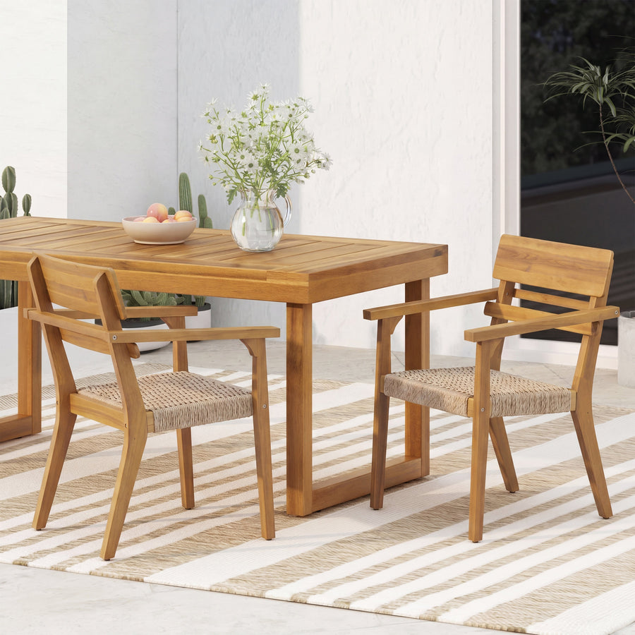 Outdoor Acacia Wood Dining Chairs with Woven Wicker Seats - Natural