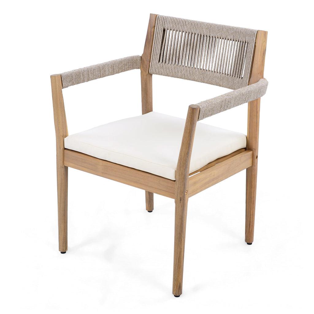 Braided Acacia Wood Outdoor Dining Chairs Set of 4 – Teak Look with Beige Rope & Cream Cushions