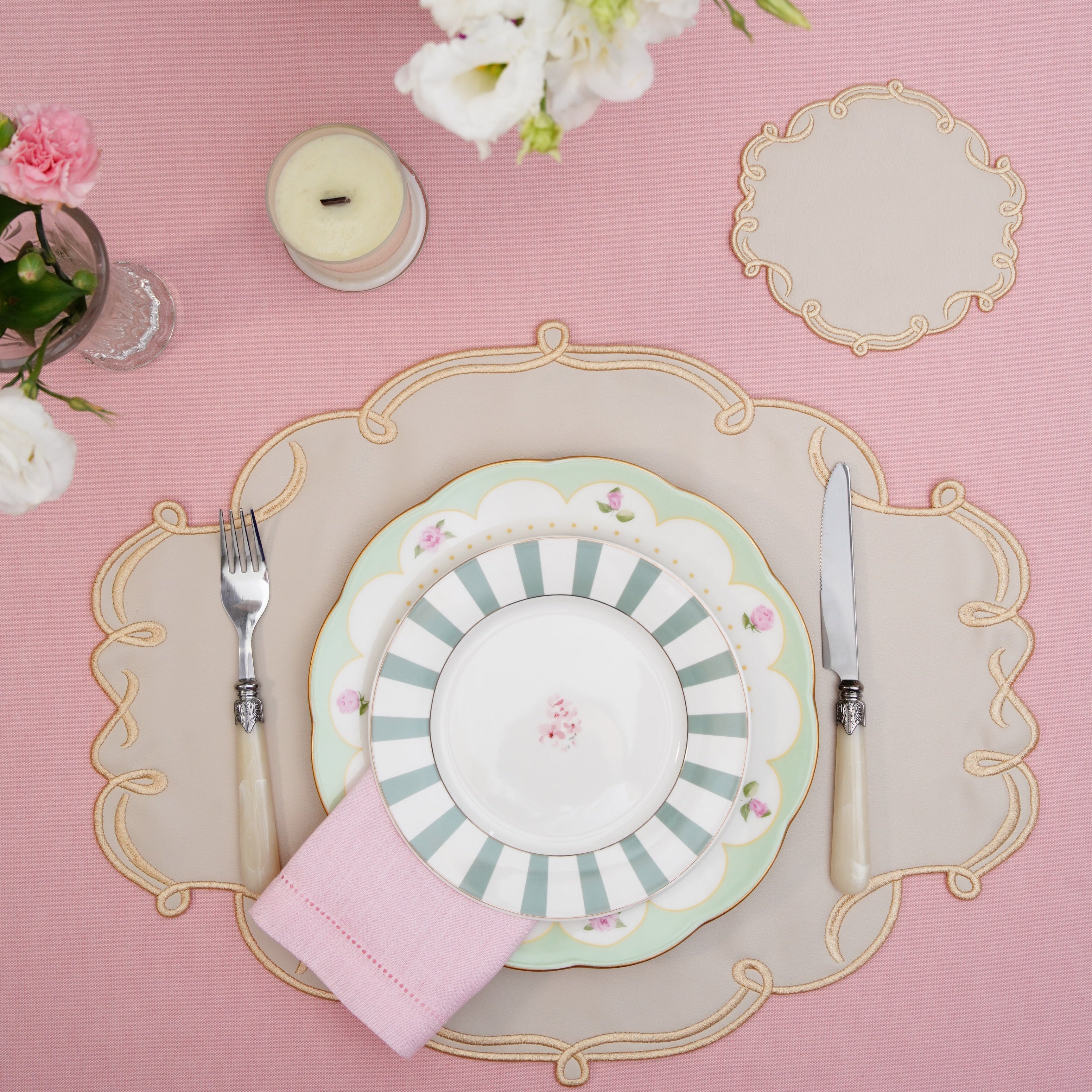 CELESTIA BEIGE OVAL FAUX LEATHER PLACEMAT & COASTER SET (Set Of 4)