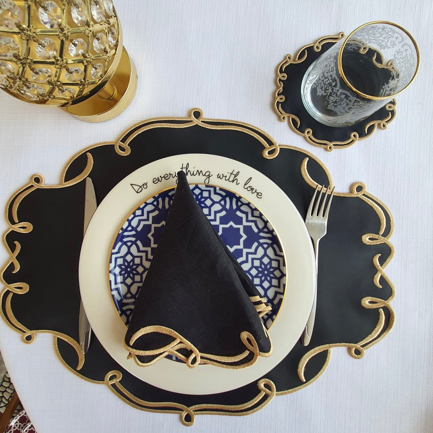 CELESTIA BLACK OVAL FAUX LEATHER PLACEMAT & NAPKIN & COASTER SET (Set Of 4)
