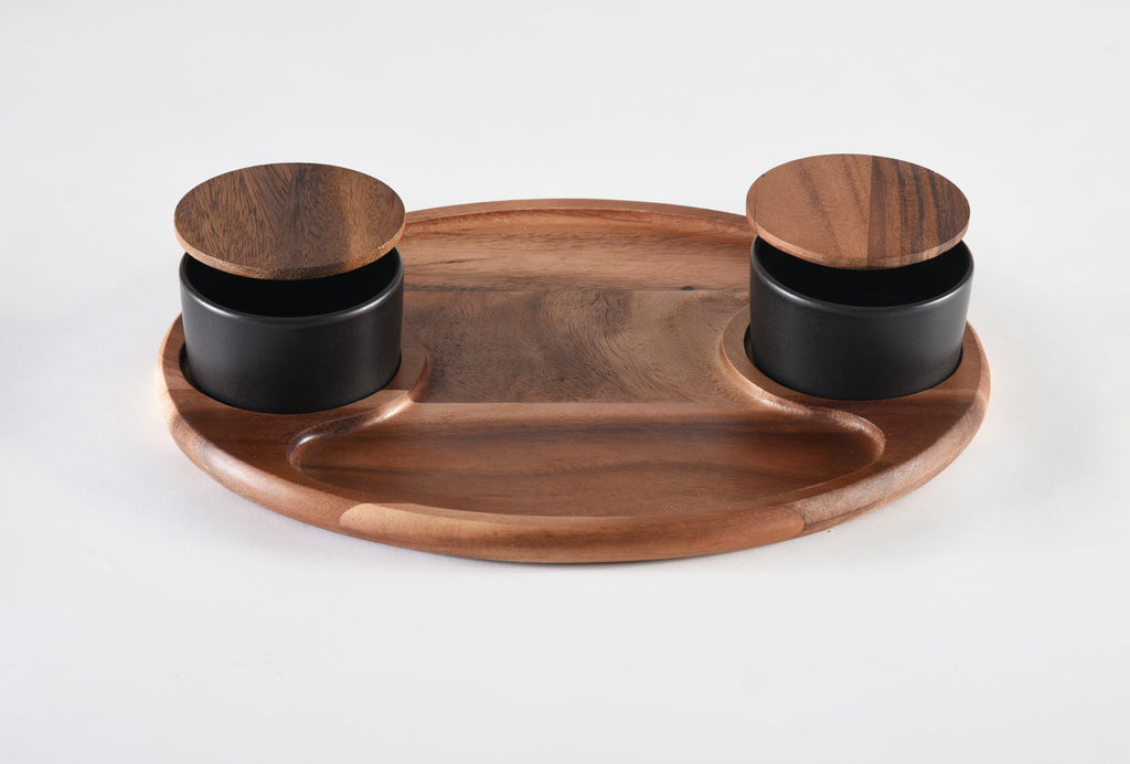 Acacia Charcuterie Board with Black Bowls & Lids