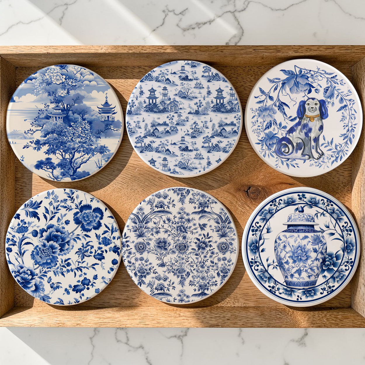 Blue & White Chinoiserie Ceramic Coasters