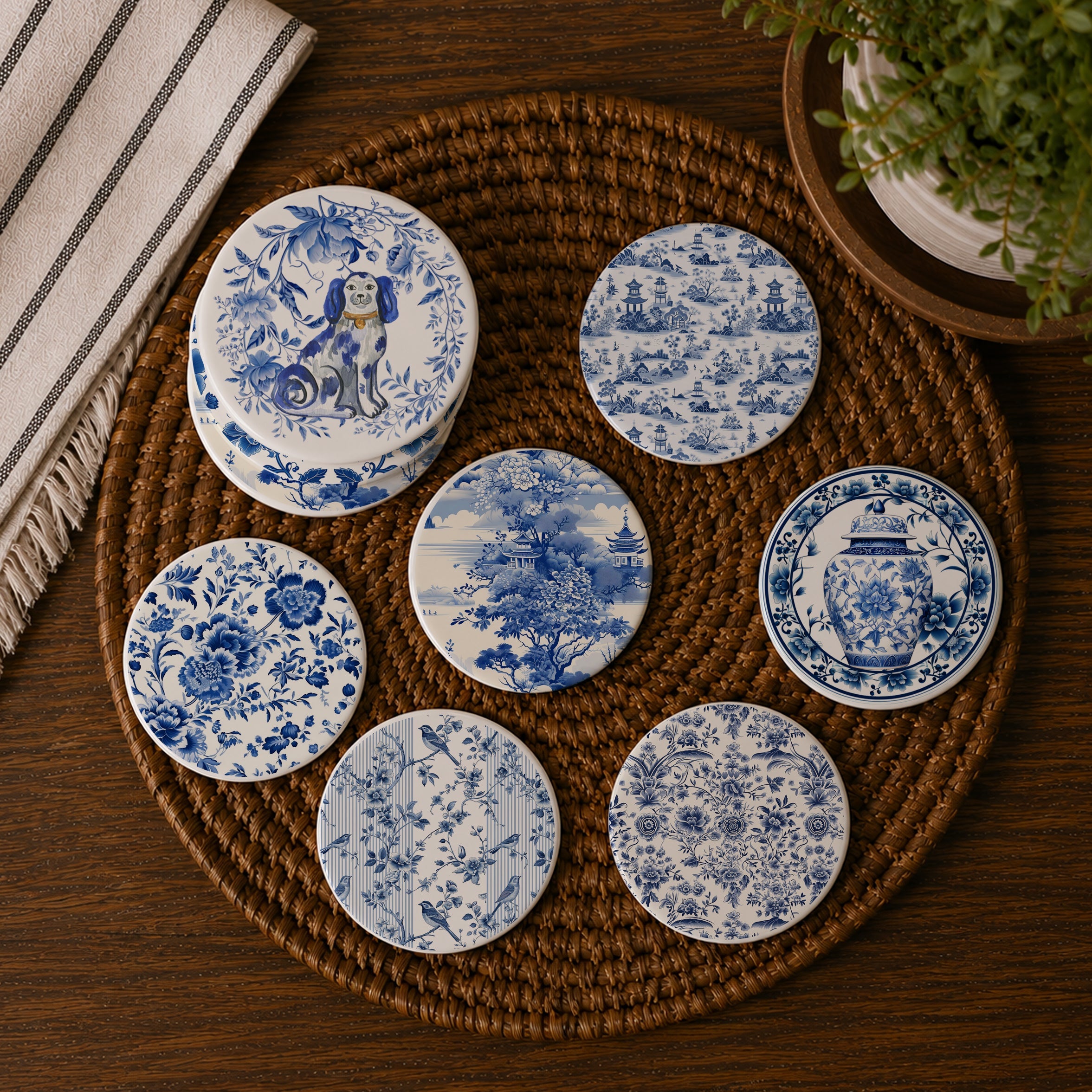 Blue & White Chinoiserie Ceramic Coasters